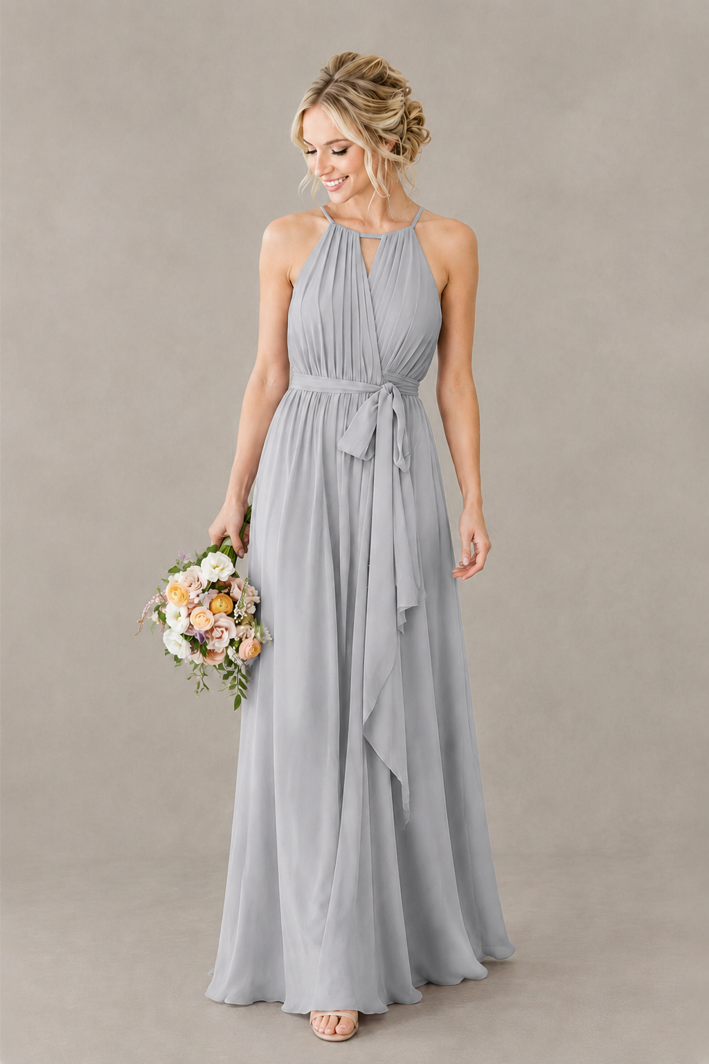BOLODOO Silver Halter Chiffon Bridesmaid Dress with High Slit - Silver
