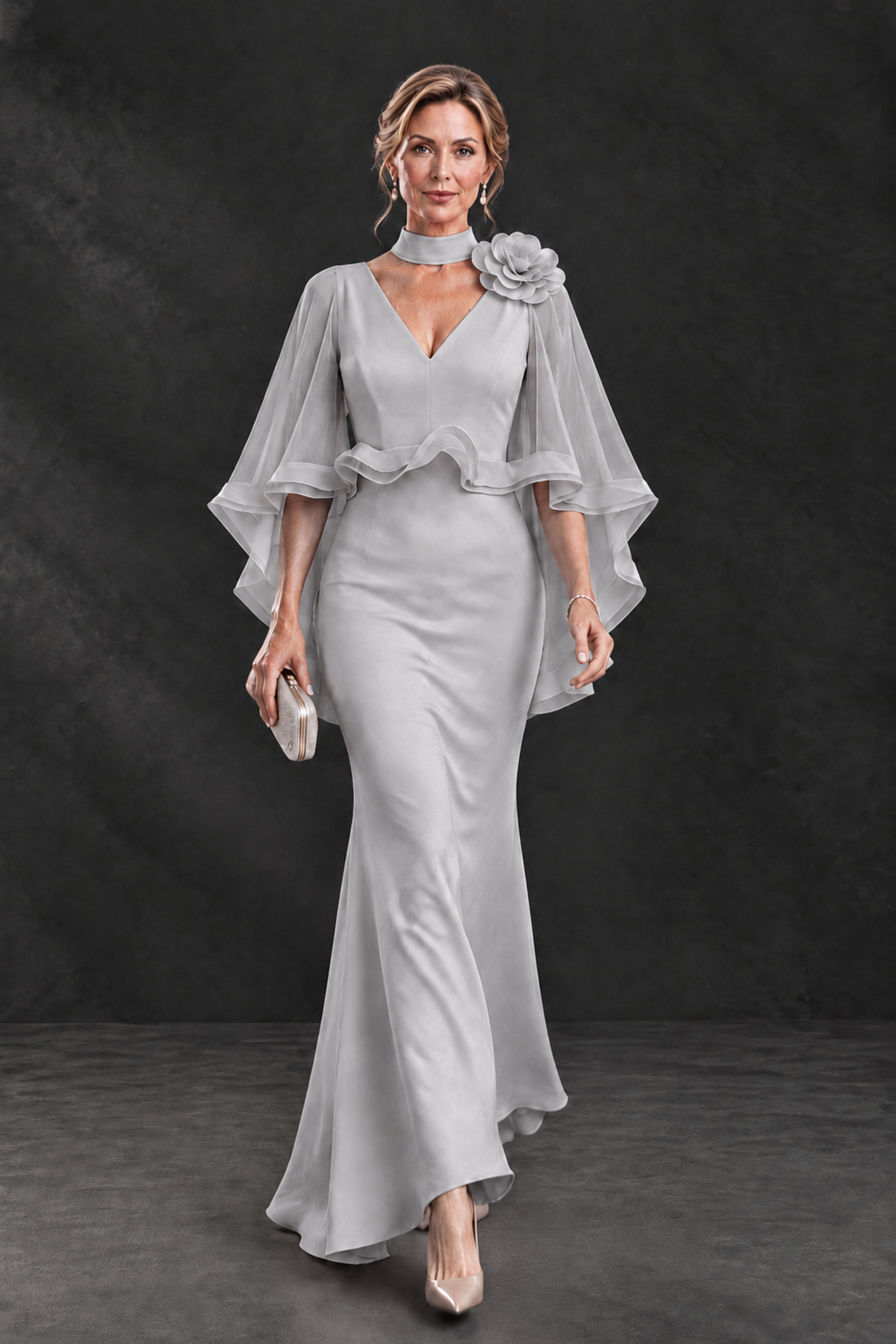 BOLODOO Silver Floral Cape Sleeve Mother of the Bride Dress - Silver - Silver_4