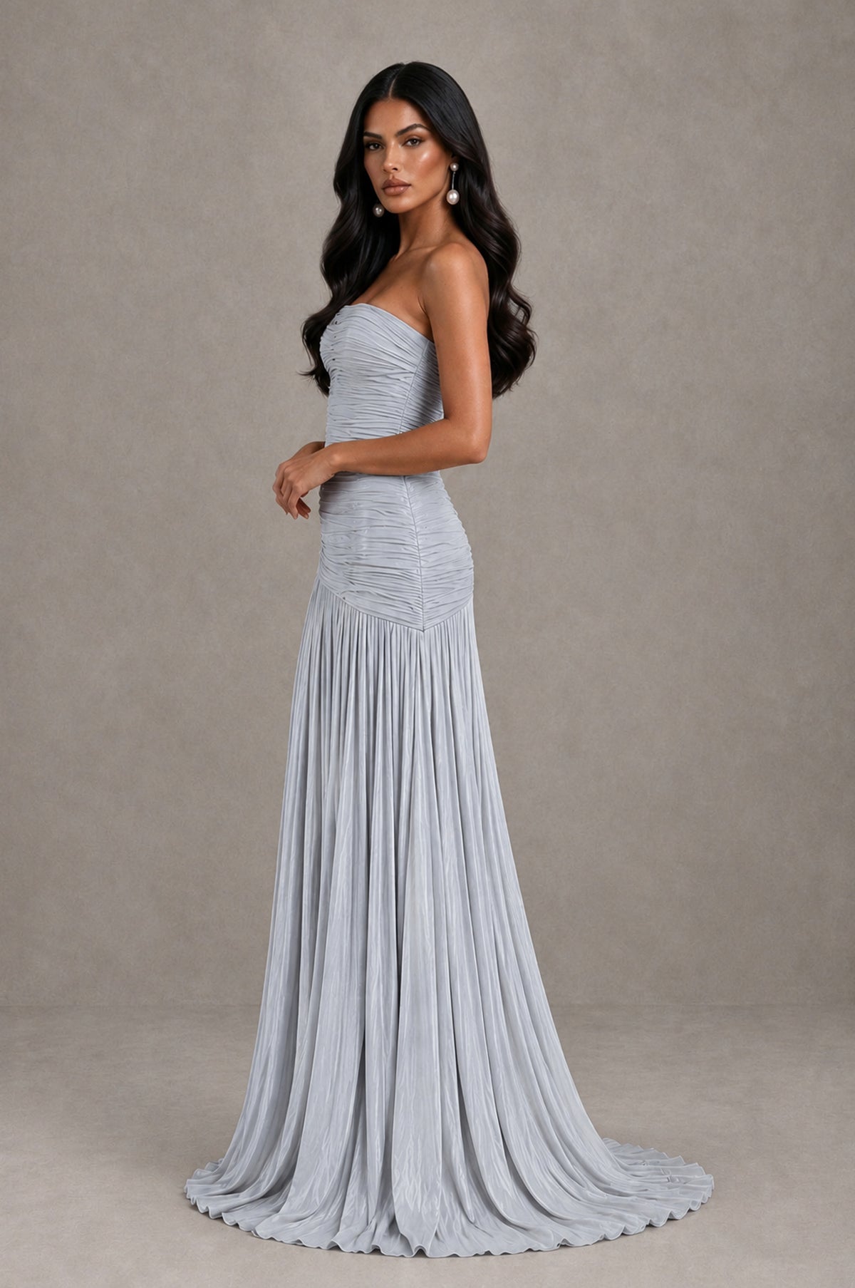 BOLODOO Silver Metallic Ruched Strapless Pleated A-Line Backless Maxi Dress with Train - Silver - Silver_4