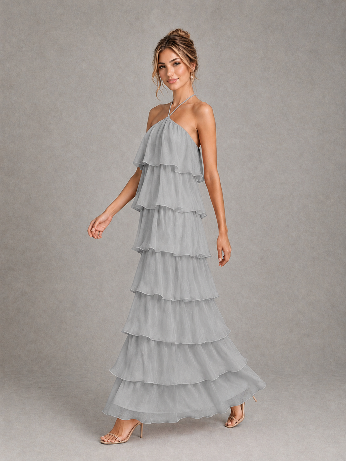 BOLODOO Silver Halter Tiered Ruffle Maxi Bridesmaid Dress - Silver - Silver_4