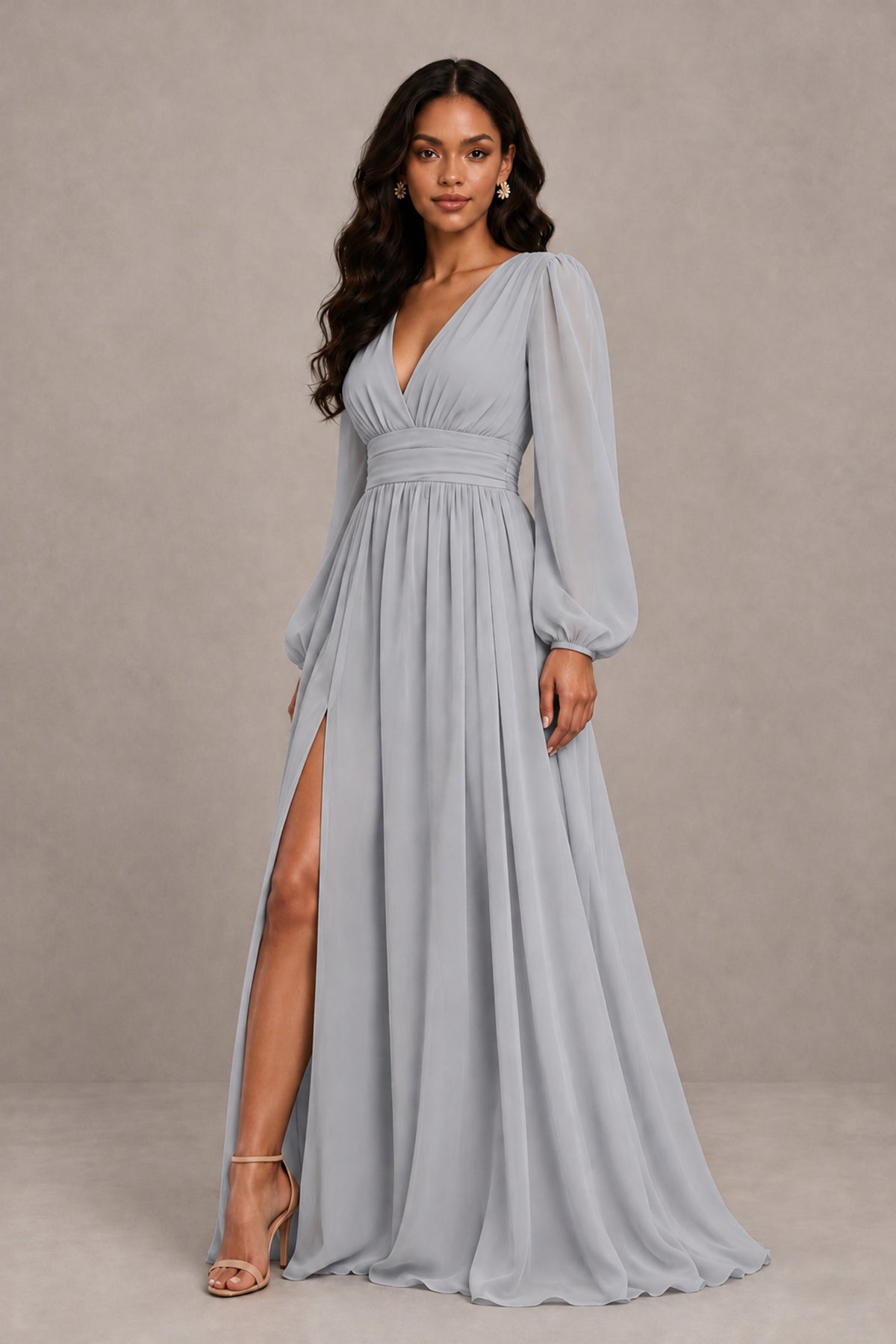 BOLODOO Silver Long Sleeve V-Neck A-Line Gown with Open Back & Slit - Silver - Silver_4