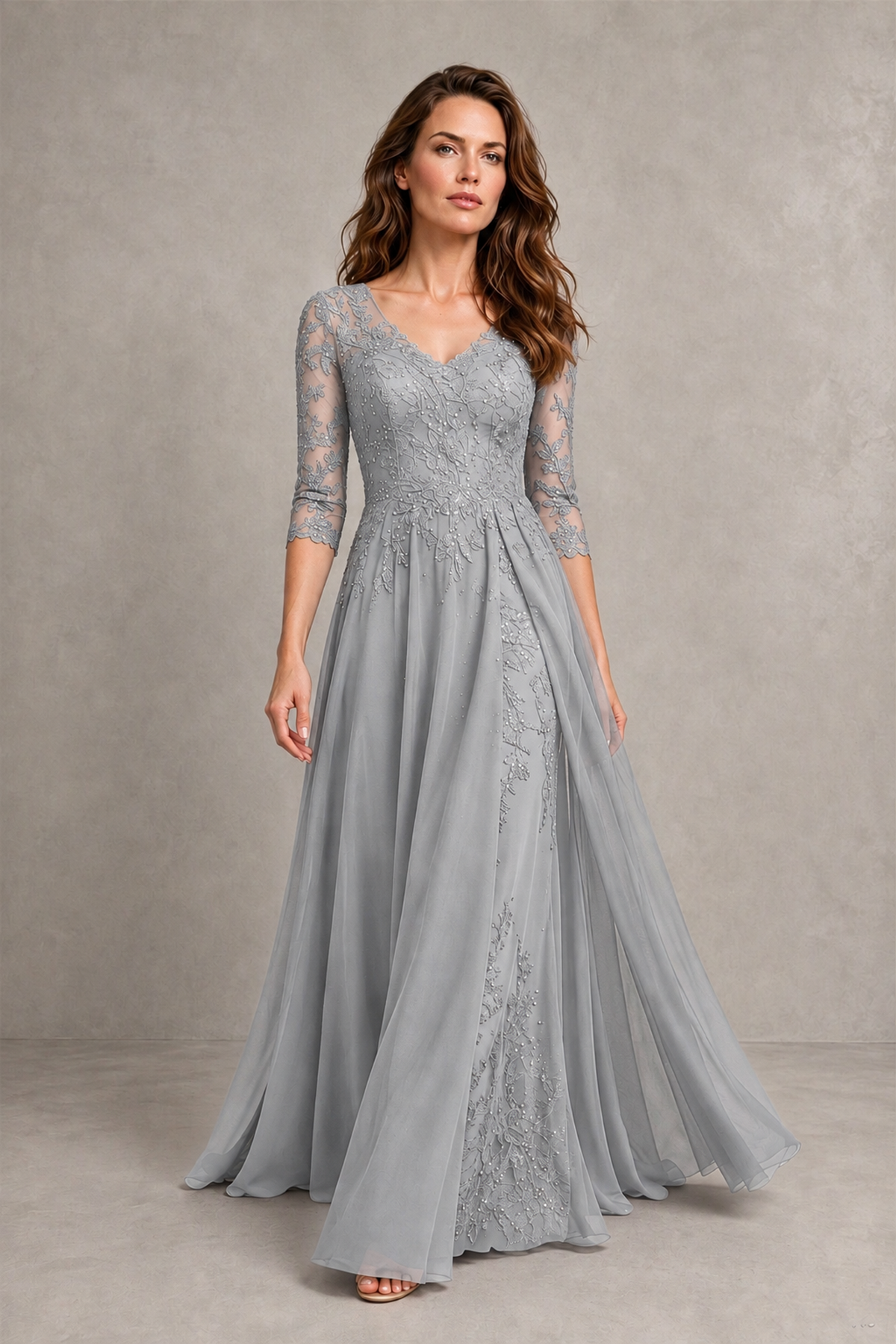 BOLODOO Midnight Silver Beaded Lace Appliqué Chiffon A-Line Gown | Mother of the Bride & Formal Evening Dress - Silver - Silver_4