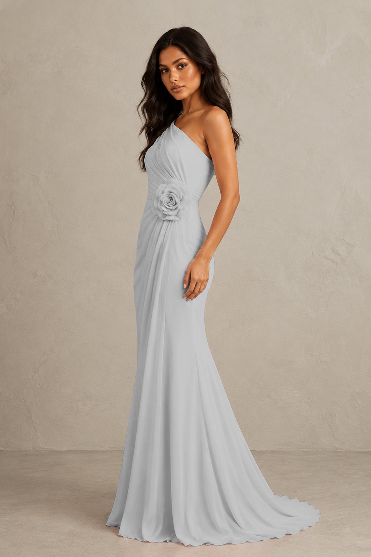 BOLODOO Silver One-Shoulder Floral Ruched Maxi Dress - Silver
