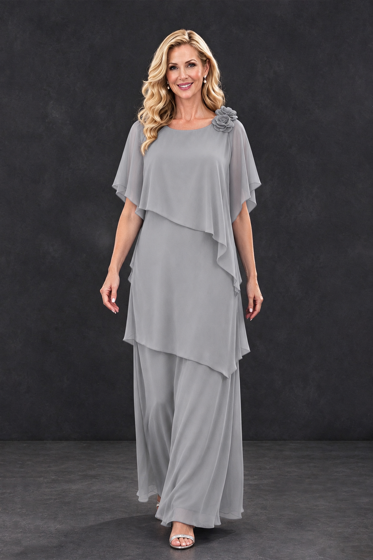 BOLODOO Silver Tiered Flutter Sleeve Mother of the Bride Maxi Dress - Silver - Silver_4