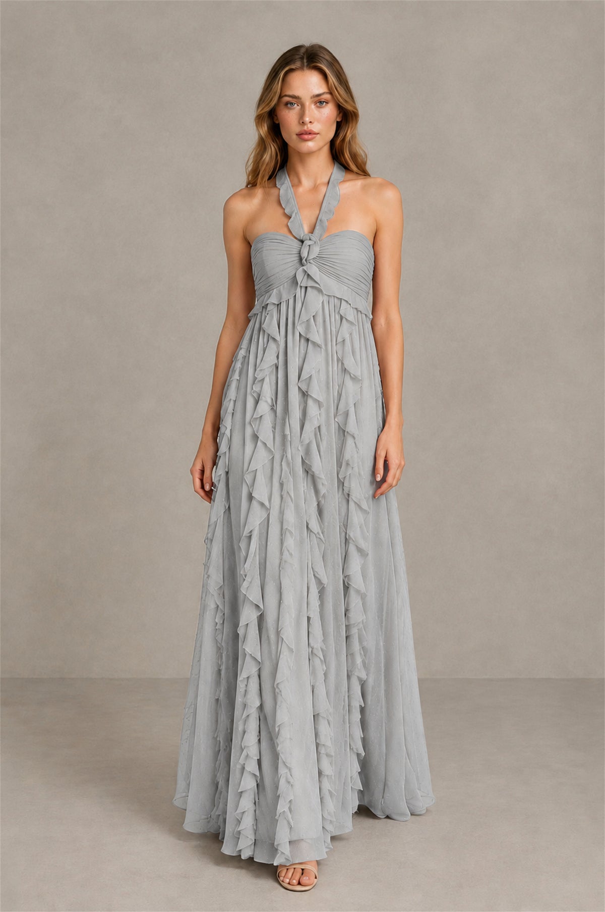 BOLODOO Silver Halter Ruffle A-Line Floor-Length Evening Dress - Silver - Silver_4
