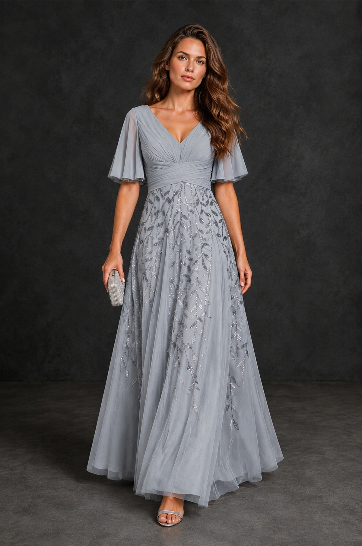 BOLODOO Silver V-Neck Flutter Sleeve Beaded Botanical Tulle A-Line Gown | Mother of the Bride Evening Dress - Silver - Silver_4