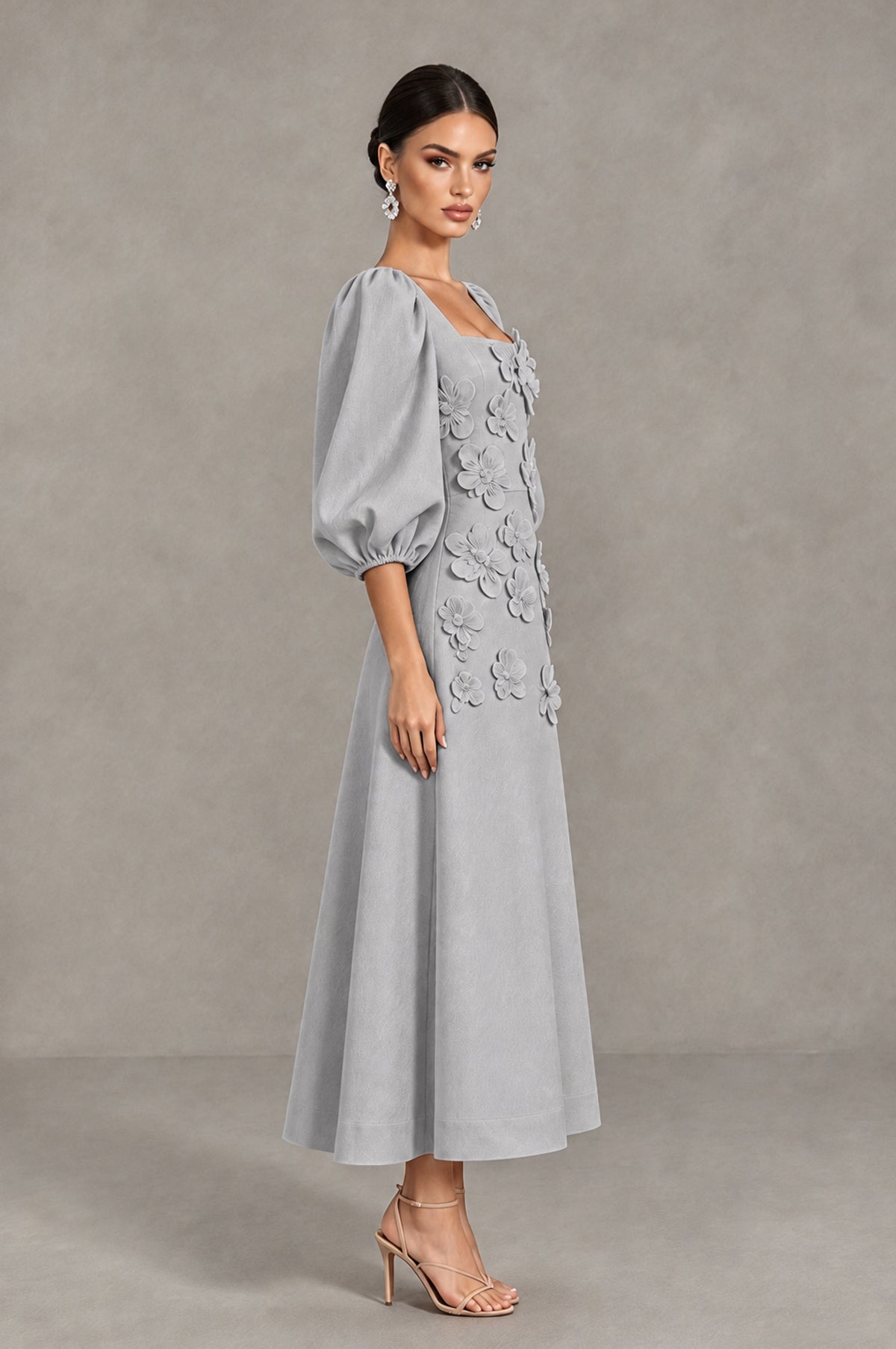 BOLODOO Silver 3D Floral Puff Sleeve Midi Cocktail Dress - Silver - Silver_4