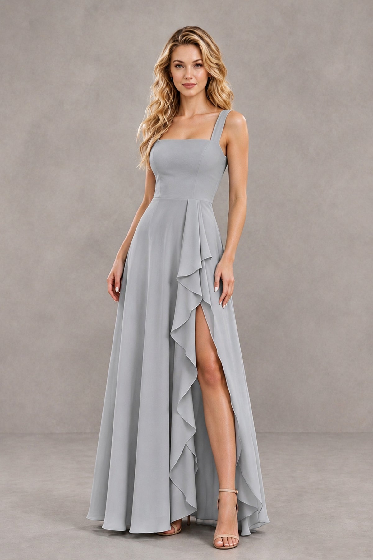 BOLODOO Silver Square Neck Ruffle A-Line Bridesmaid Dress with Slit - Silver - Silver_4