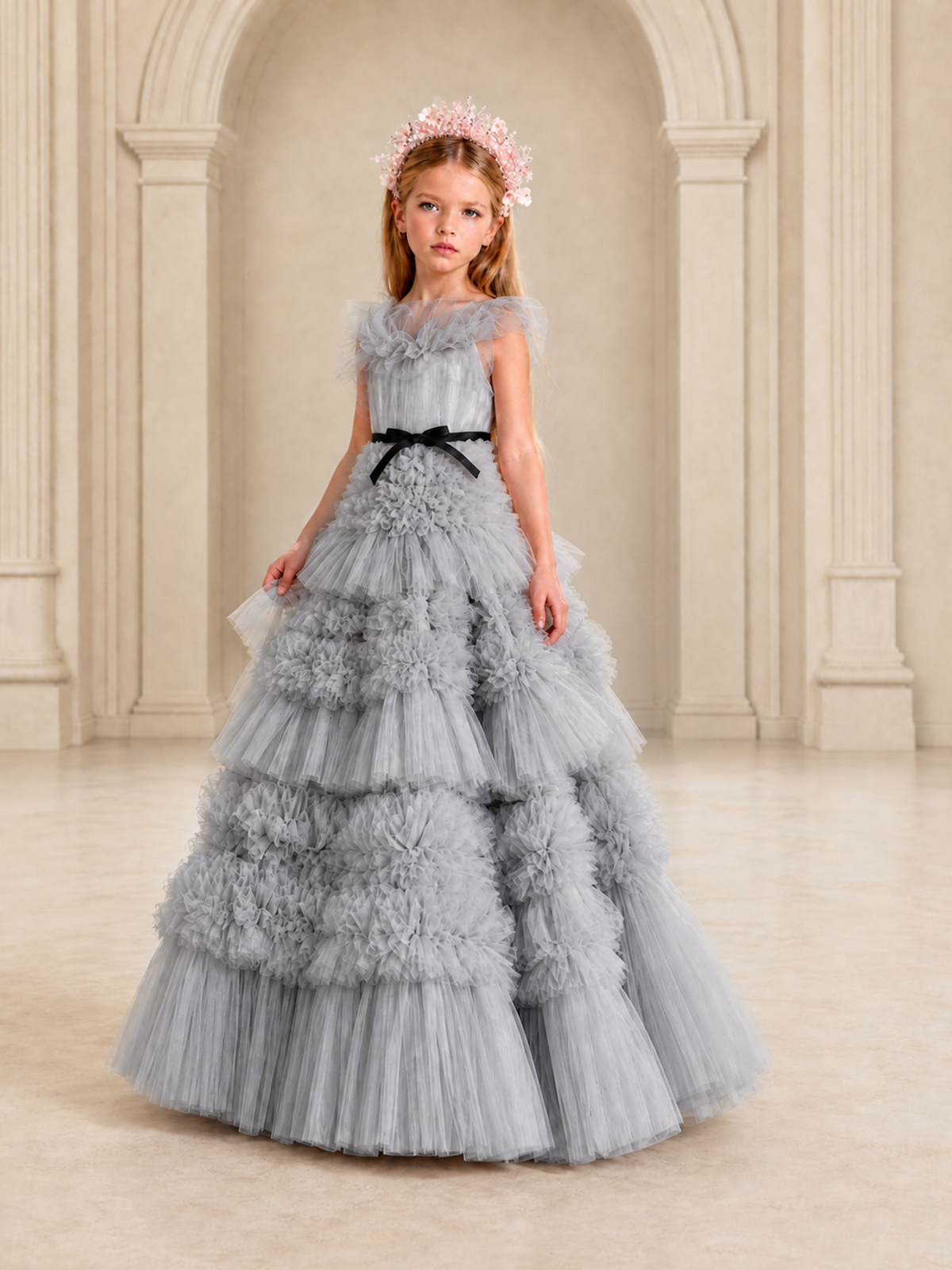 BOLODOO Silver Tiered Tulle Flower Girl Dress with Floral Appliques - Silver - Silver_4