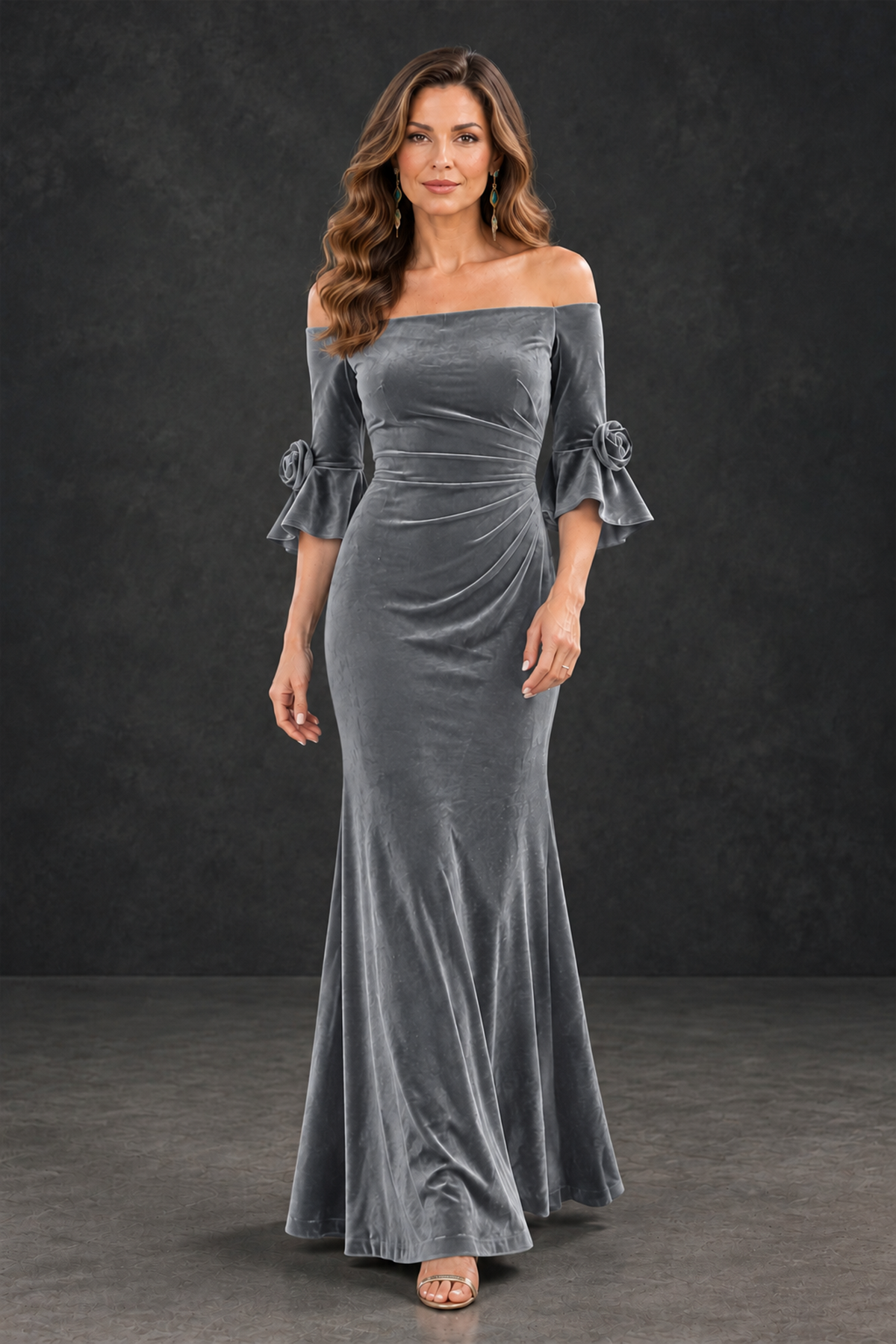 BOLODOO Silver Velvet Mother of the Bride Dress with Rosette Sleeves - Silver - Silver_4