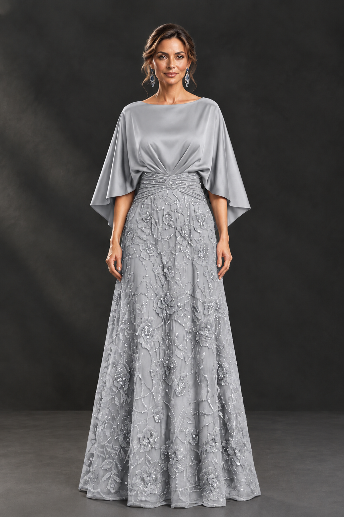 BOLODOO Silver Cape Sleeve Floral Mother of the Bride Dress - Silver - Silver_4