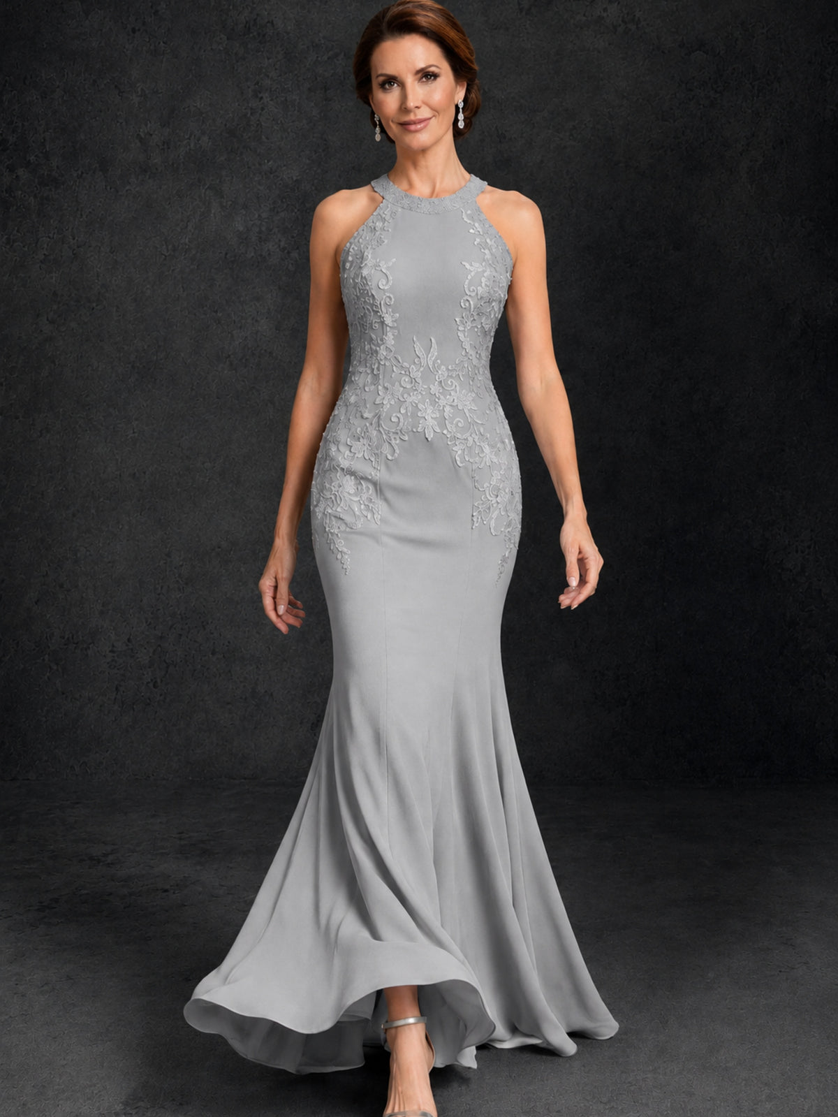 BOLODOO Silver Lace Applique Halter Neck Sheer Back Mermaid Maxi Dress with Sweep Train - Silver
