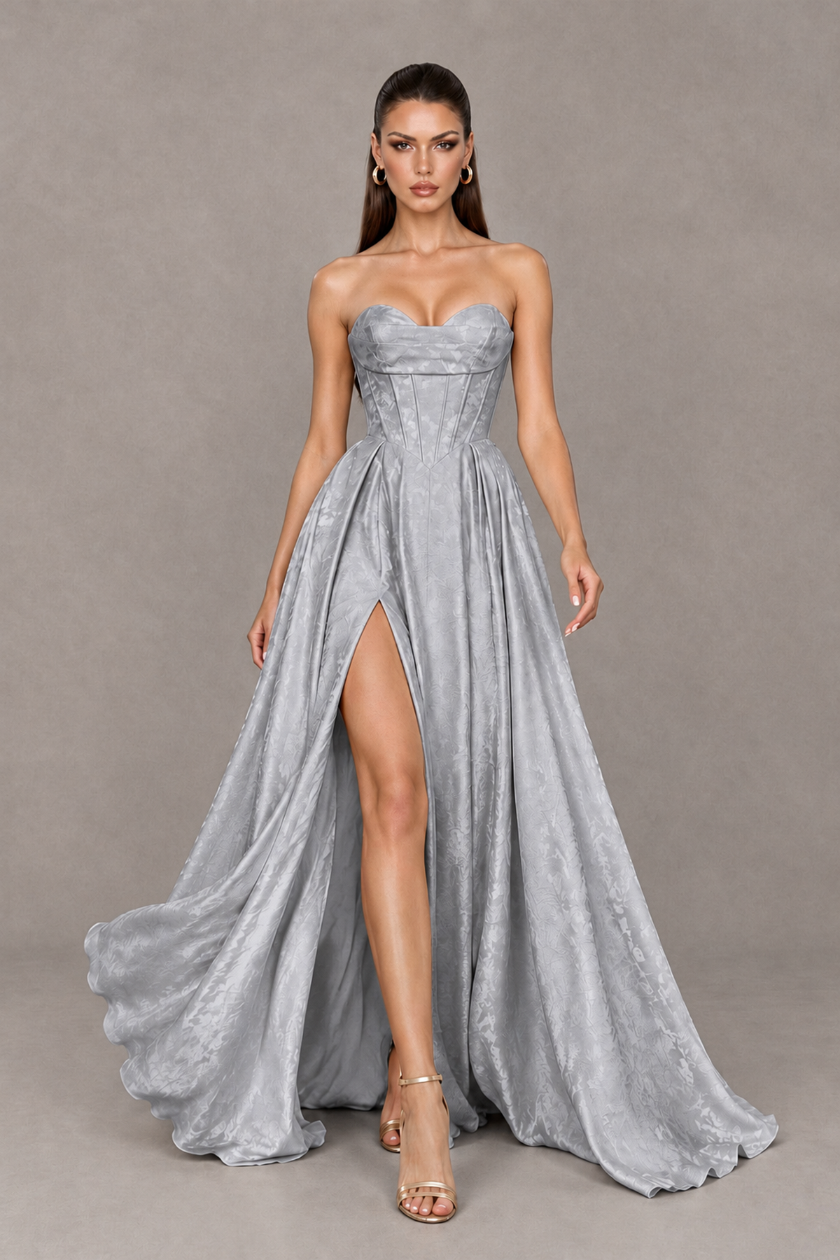 BOLODOO Silver Strapless Sweetheart Corset Prom Dress with High Slit – Lace-Up Back A-Line Evening Gown - Silver - Silver_4