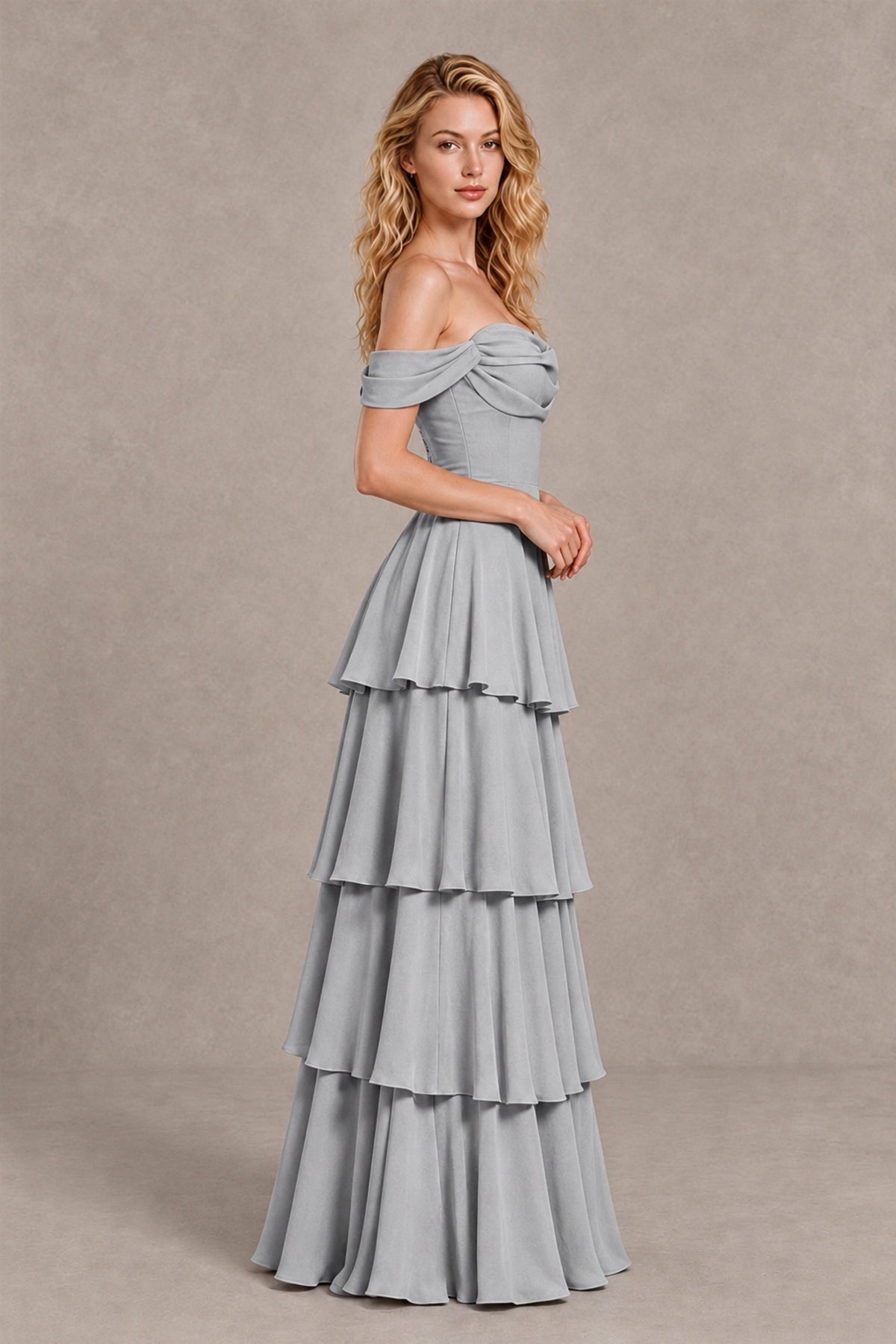 BOLODOO Silver Off-the-Shoulder Tiered A-Line Evening Bridesmaid Dress - Silver - Silver_4