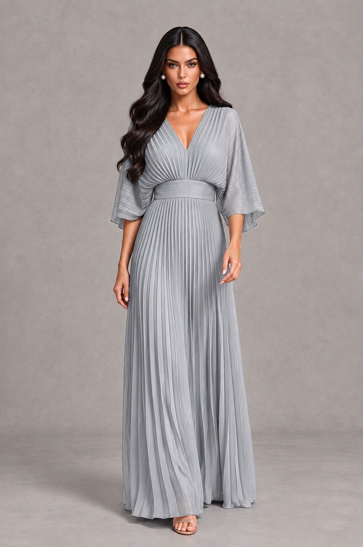 BOLODOO Silver V-Neck Pleated Flutter Sleeve Formal Dress - Silver - Silver_4