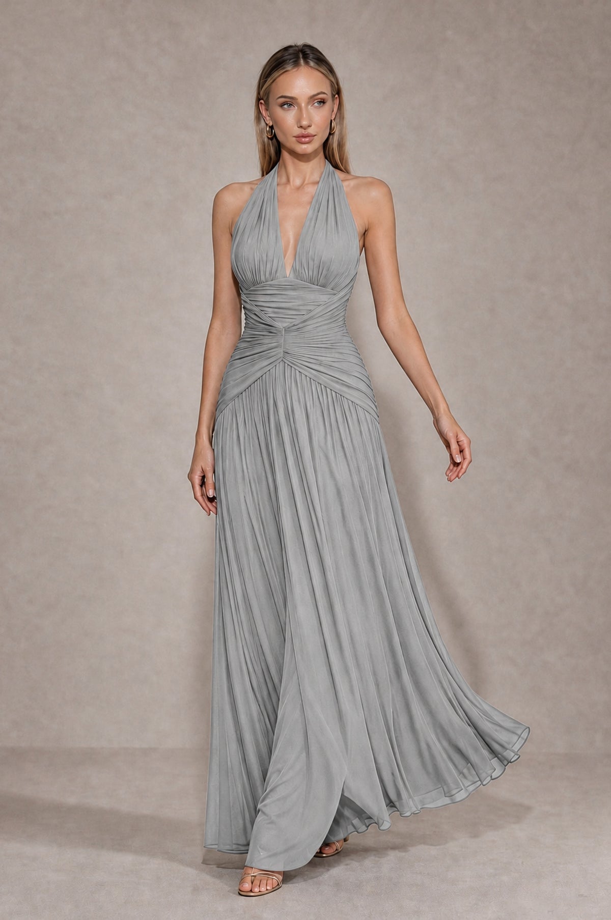 BOLODOO Silver Chiffon Halter Deep V-Neck Ruched A-Line Backless Maxi Dress with Train-BD0167 - Silver - Silver_4