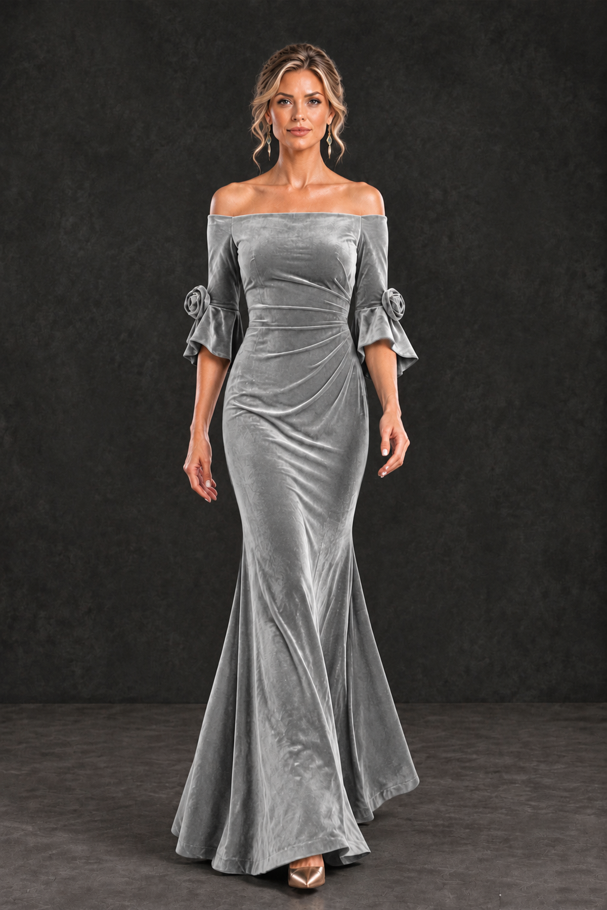 BOLODOO Silver Velvet Off-Shoulder Mother of the Bride Dress – 3/4 Floral Cuff Sleeve Mermaid Evening Gown - Silver - Silver_4