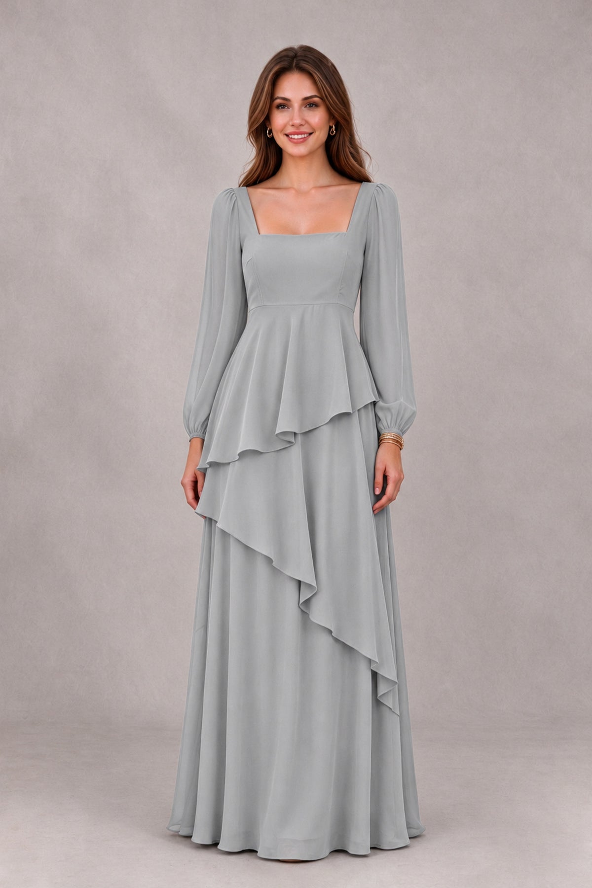 BOLODOO Silver Long Sleeve Ruffle Bridesmaid Dresses - Silver - Silver_4