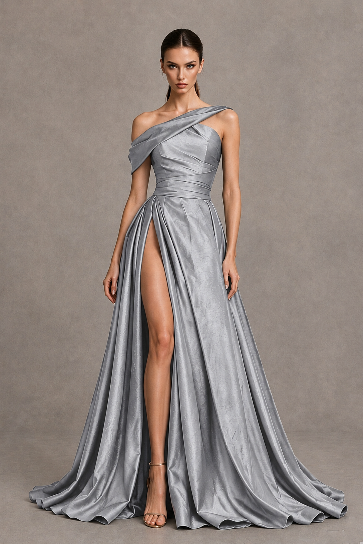 BOLODOO Silver Asymmetric Satin-Look A-Line Prom Dress with High Slit - Silver - Silver_4