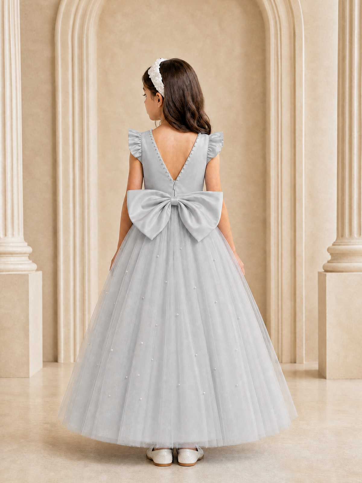 BOLODOO Silver Tulle Flower Girl Dress with Ruffle Sleeves & Bow Back - Silver - Silver_4