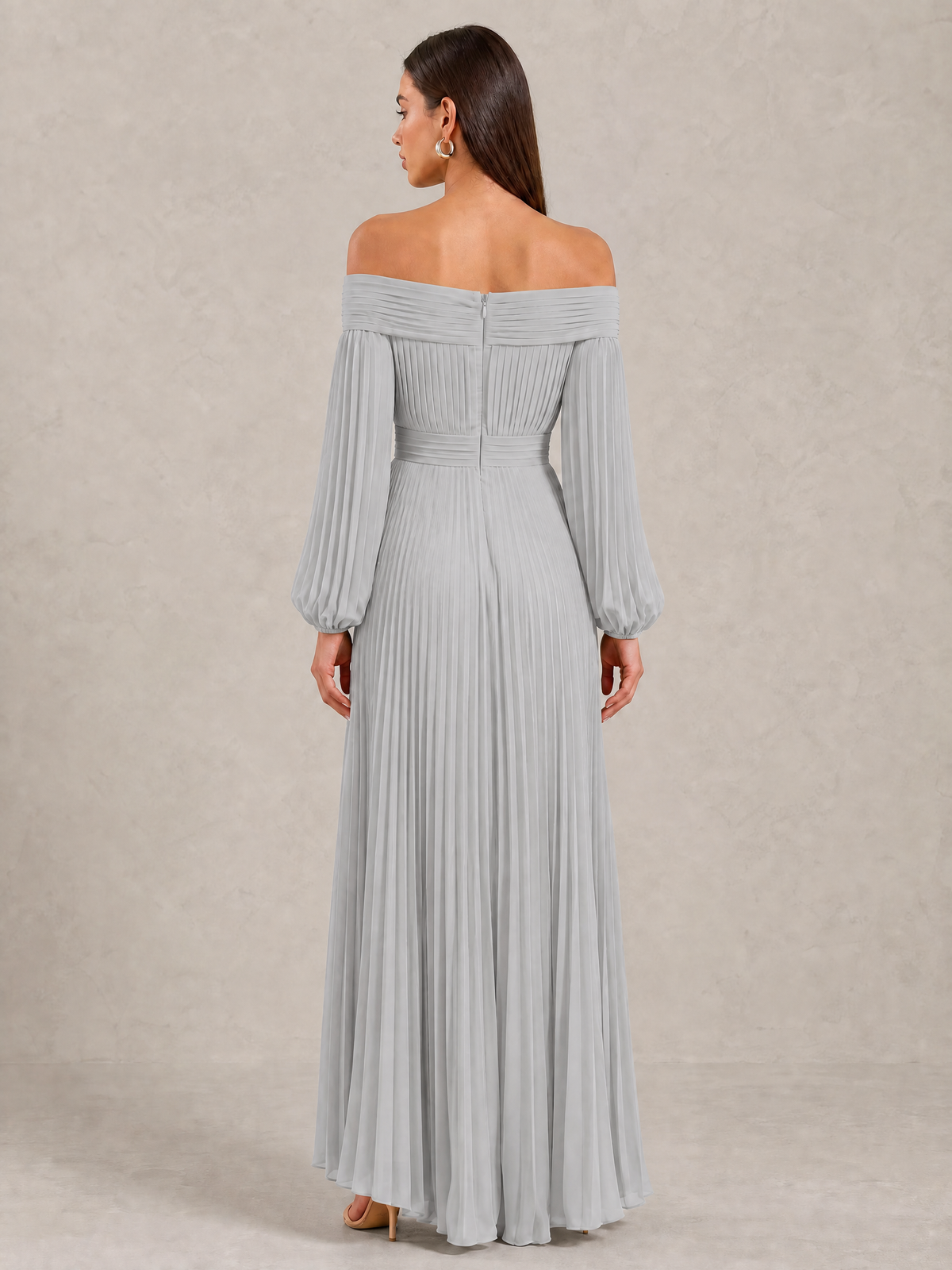BOLODOO Silver Off-Shoulder Long Sleeve Pleated High-Low Dress - Silver - Silver_4