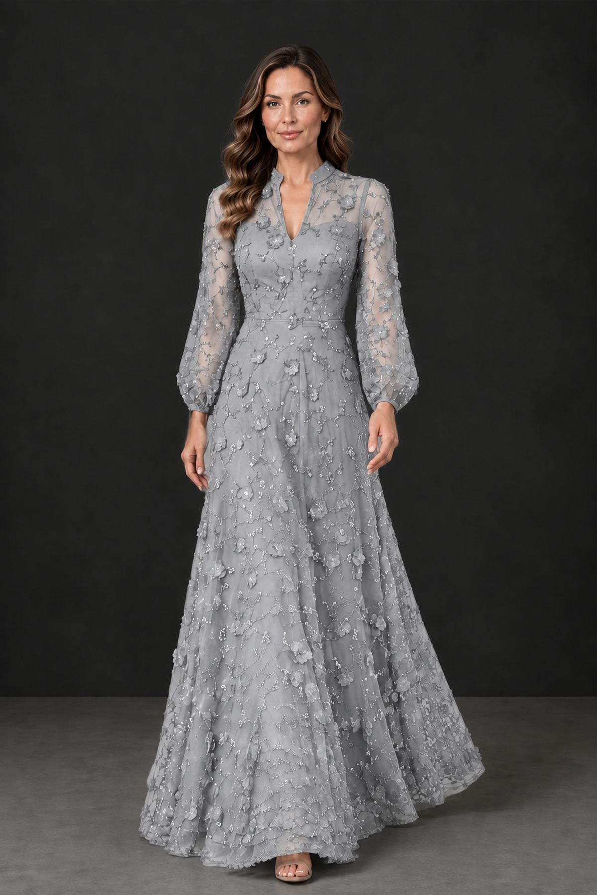 BOLODOO Silver Long Sleeve Floral Mother of the Bride Dress - Silver - Silver_4