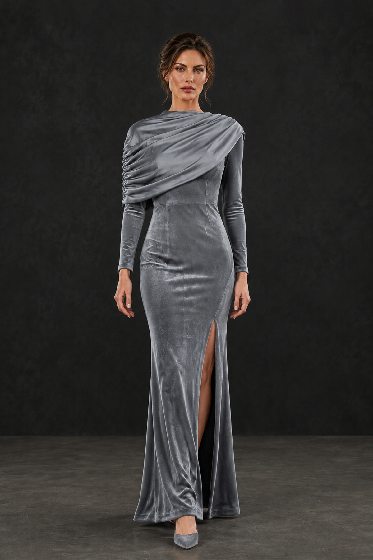 BOLODOO Silver Velvet Long Sleeve Draped Mother of the Bride Dress - Silver - Silver_4