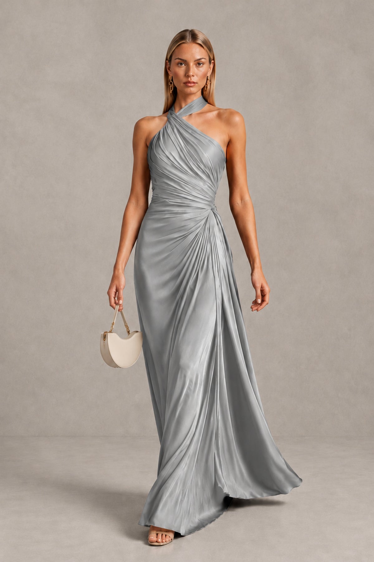 BOLODOO Silver Twisted Halter Neck Ruched Sleeveless Open Back Floor-Length Gown - Silver - Silver_4