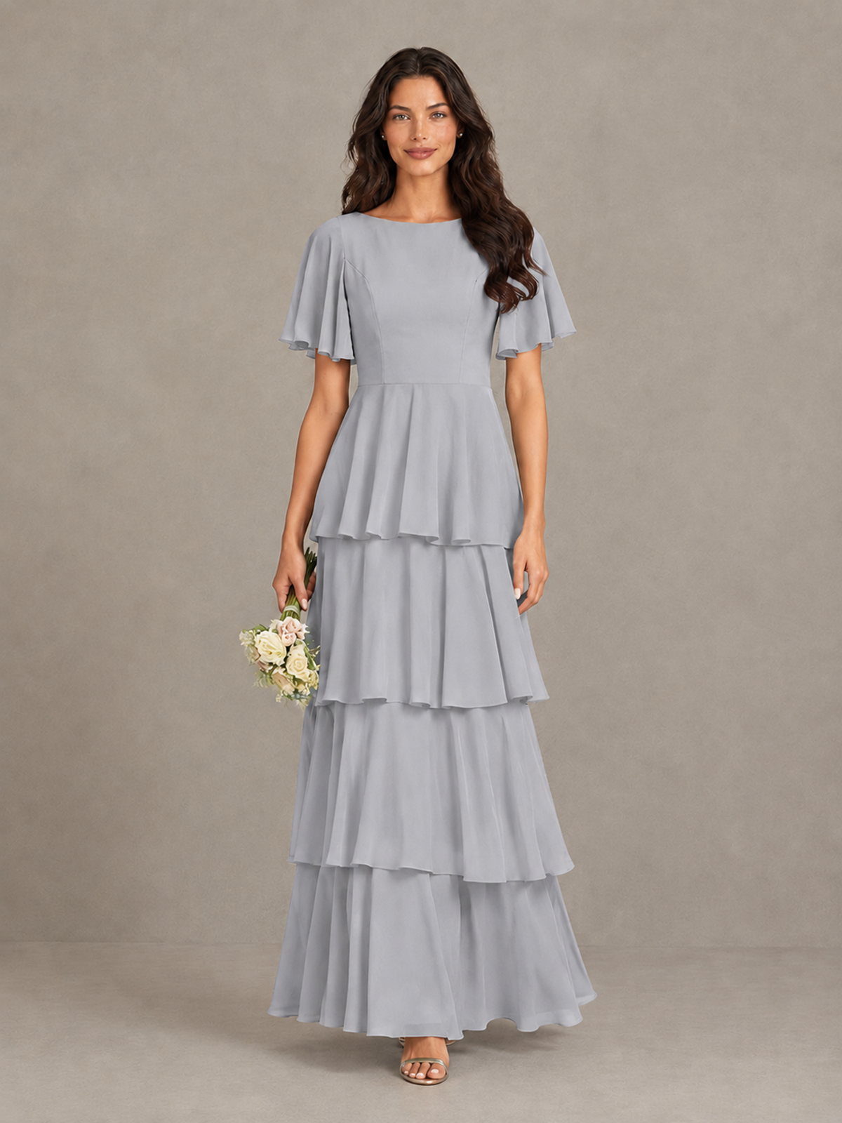 BOLODOO Silver Tiered Flutter Sleeve Bridesmaid Dress - Silver - Silver_4