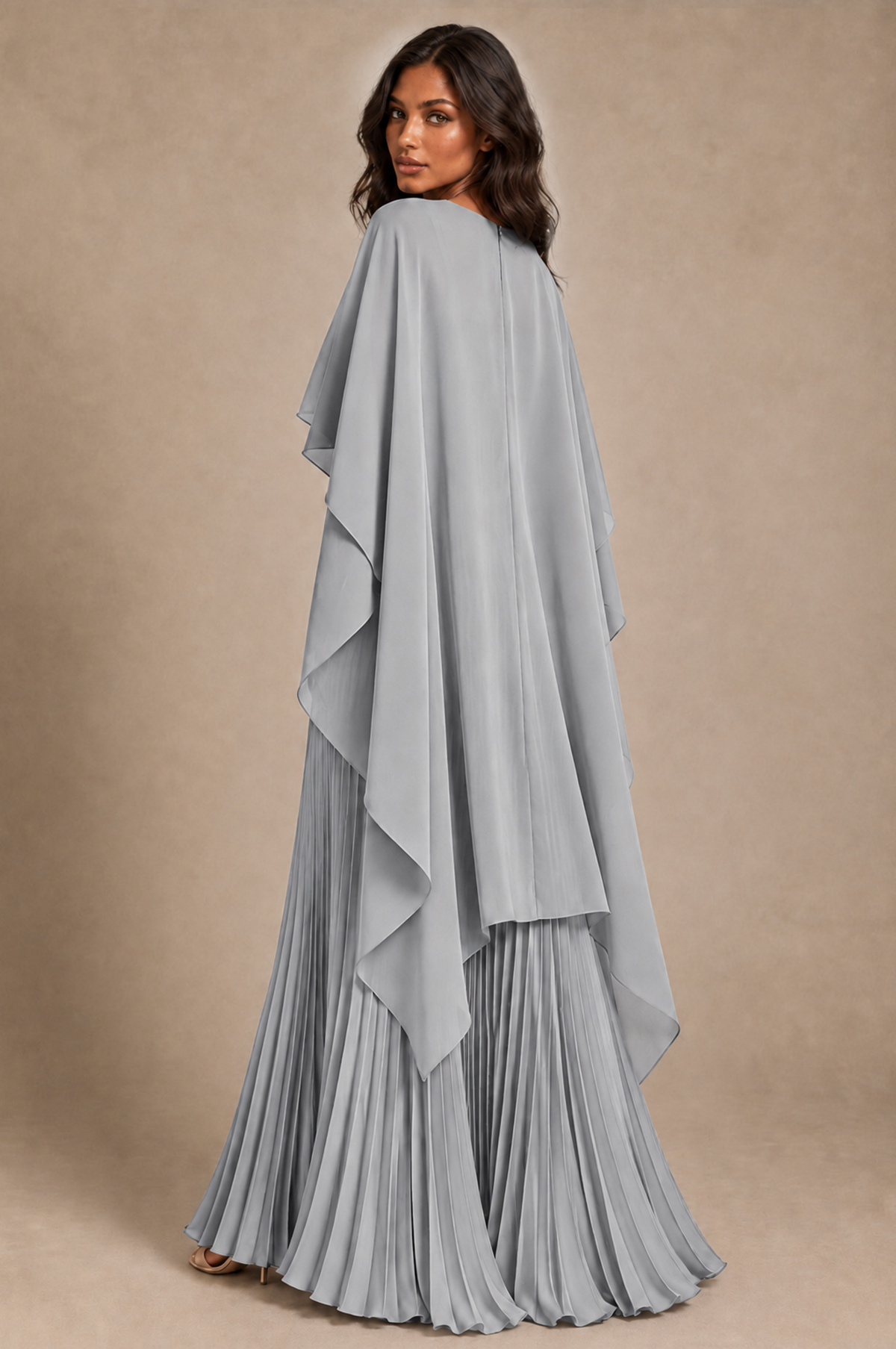 BOLODOO Silver Pleated Cape A-Line Evening Dress - Silver - Silver_4