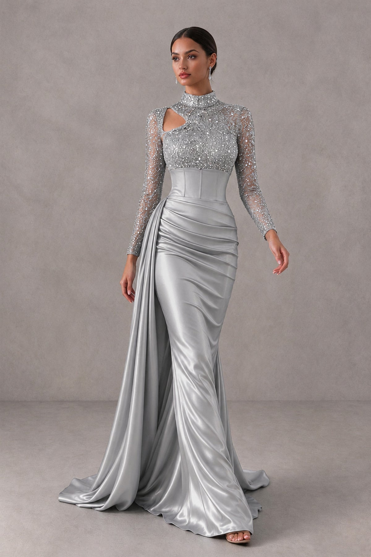 BOLODOO Silver Long Sleeve Embellished Satin Mermaid Evening Gown - Silver - Silver_4