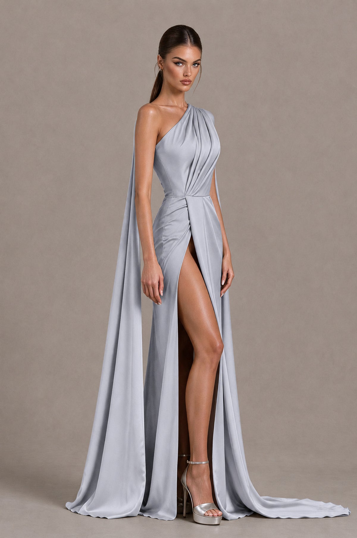 BOLODOO Silver One Shoulder Satin Evening Dress with High Slit and Draped Cape Train - Silver - Silver_4