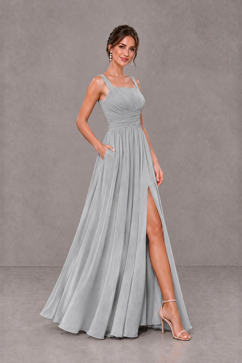 BOLODOO Silver Square Neck A-Line Bridesmaid Dress with Slit - Silver - Silver_4