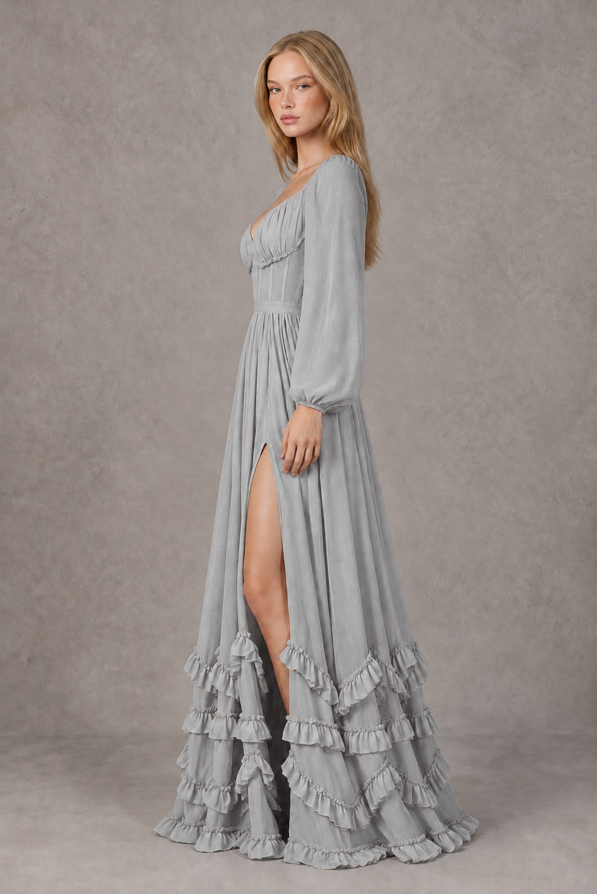 Silver Long-Sleeve Ruffle Maxi Dress with Lace-Up Back and Slit - Silver
