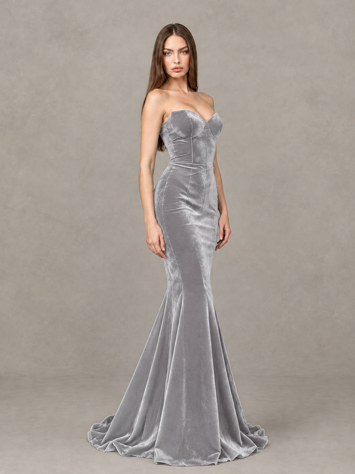 BOLODOO Silver Strapless Sweetheart Velvet-Look Mermaid Evening Dress - Silver - Silver_4