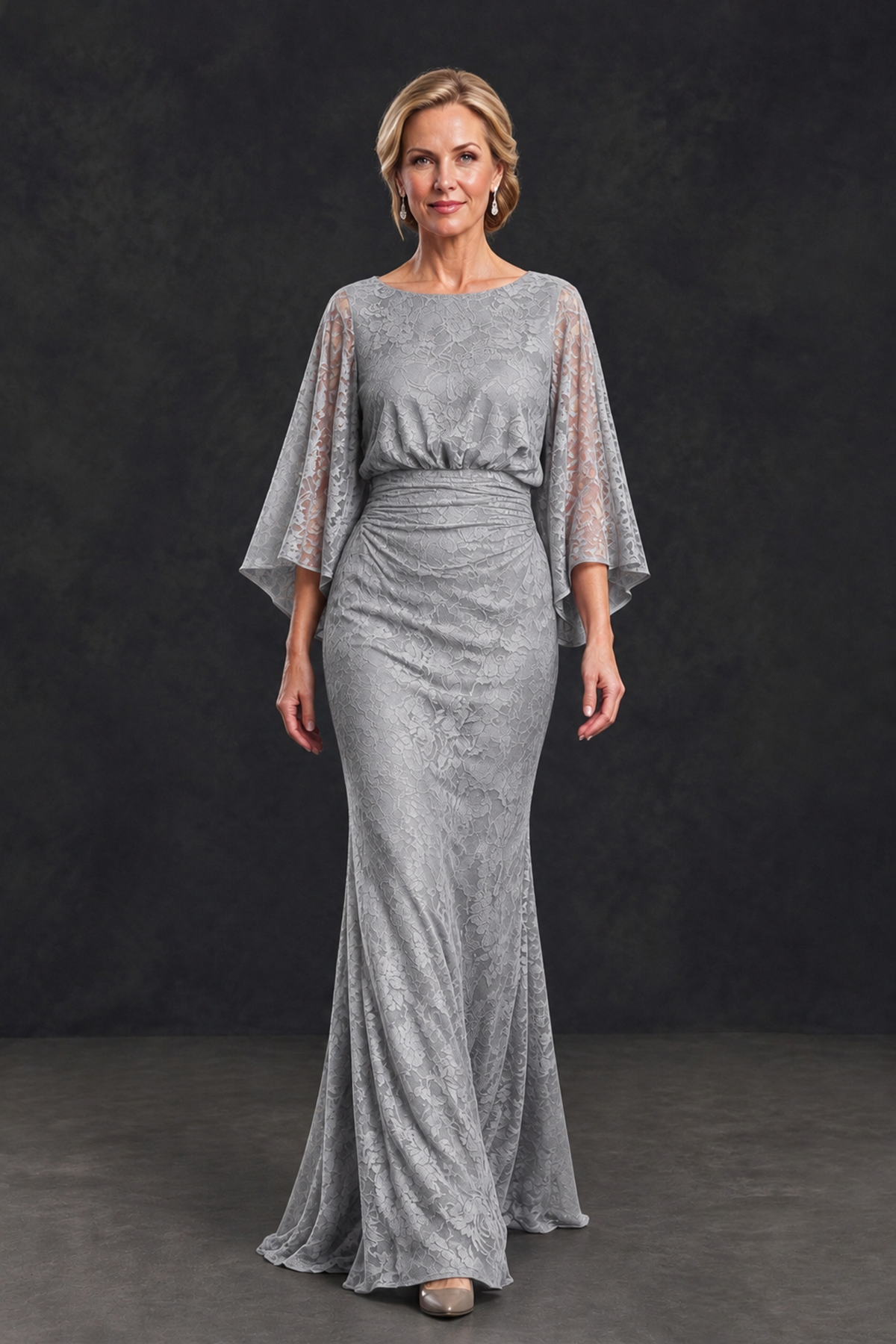 BOLODOO Silver Lace Flutter Sleeve Mother of the Bride Dress - Silver - Silver_4