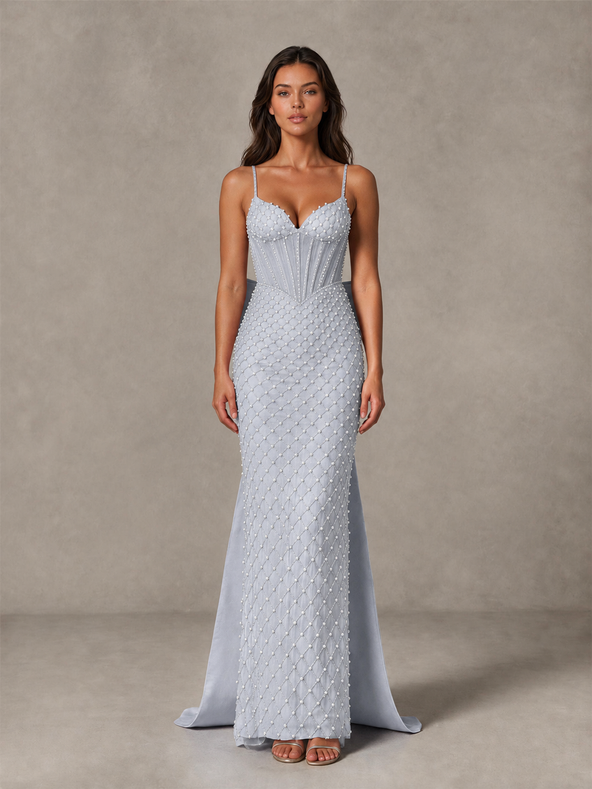 BOLODOO Silver Beaded Corset Prom Dress with Bow Train - Silver - Silver_4