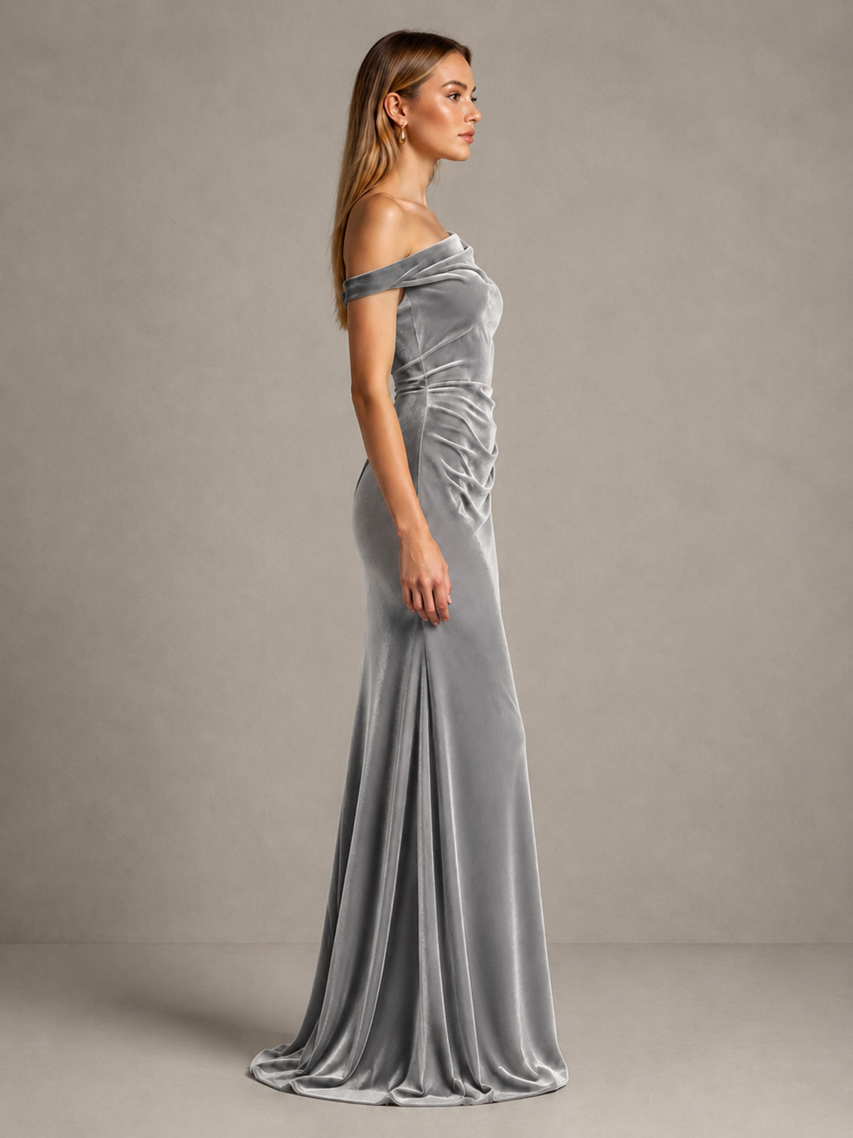BOLODOO Silver One-Shoulder Velvet Mermaid Evening Gown - Silver - Silver_4