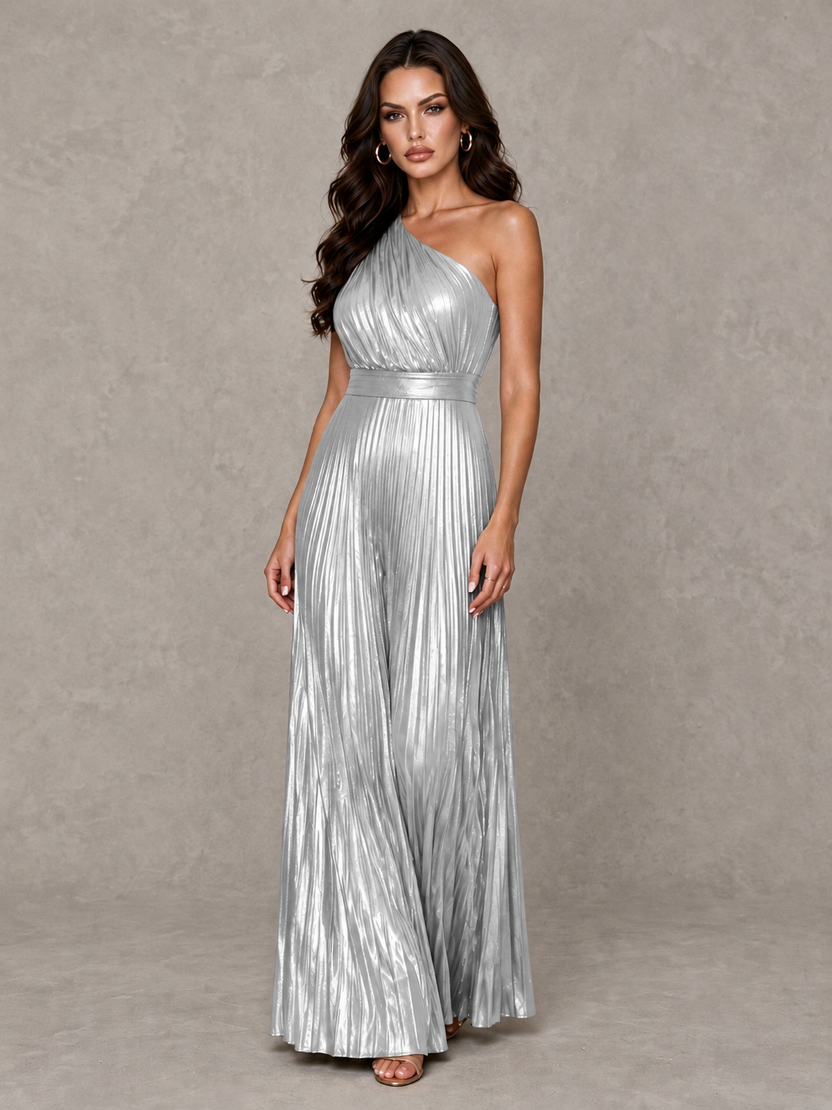 BOLODOO Silver One-Shoulder Metallic Pleated Wide-Leg Jumpsuit - Silver - Silver_4