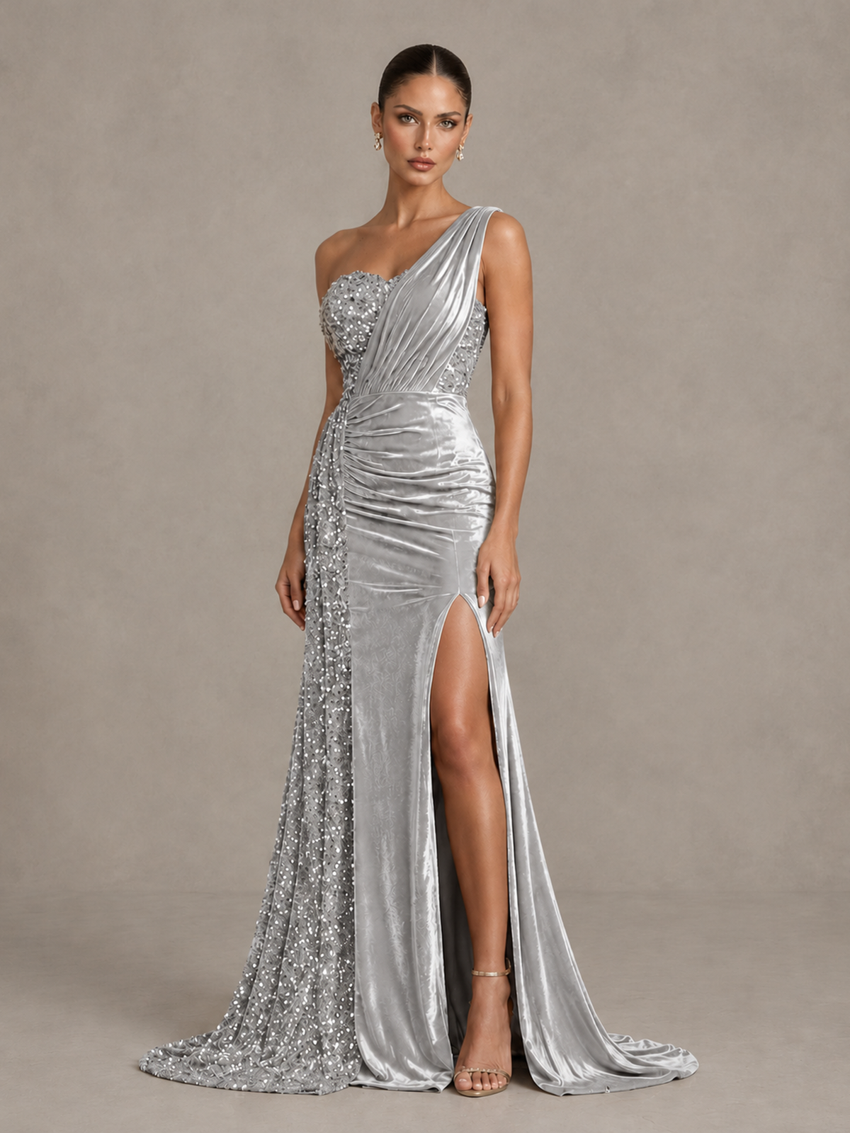 BOLODOO Silver One-Shoulder Satin Sequin Gown with High Slit - Silver - Silver_4