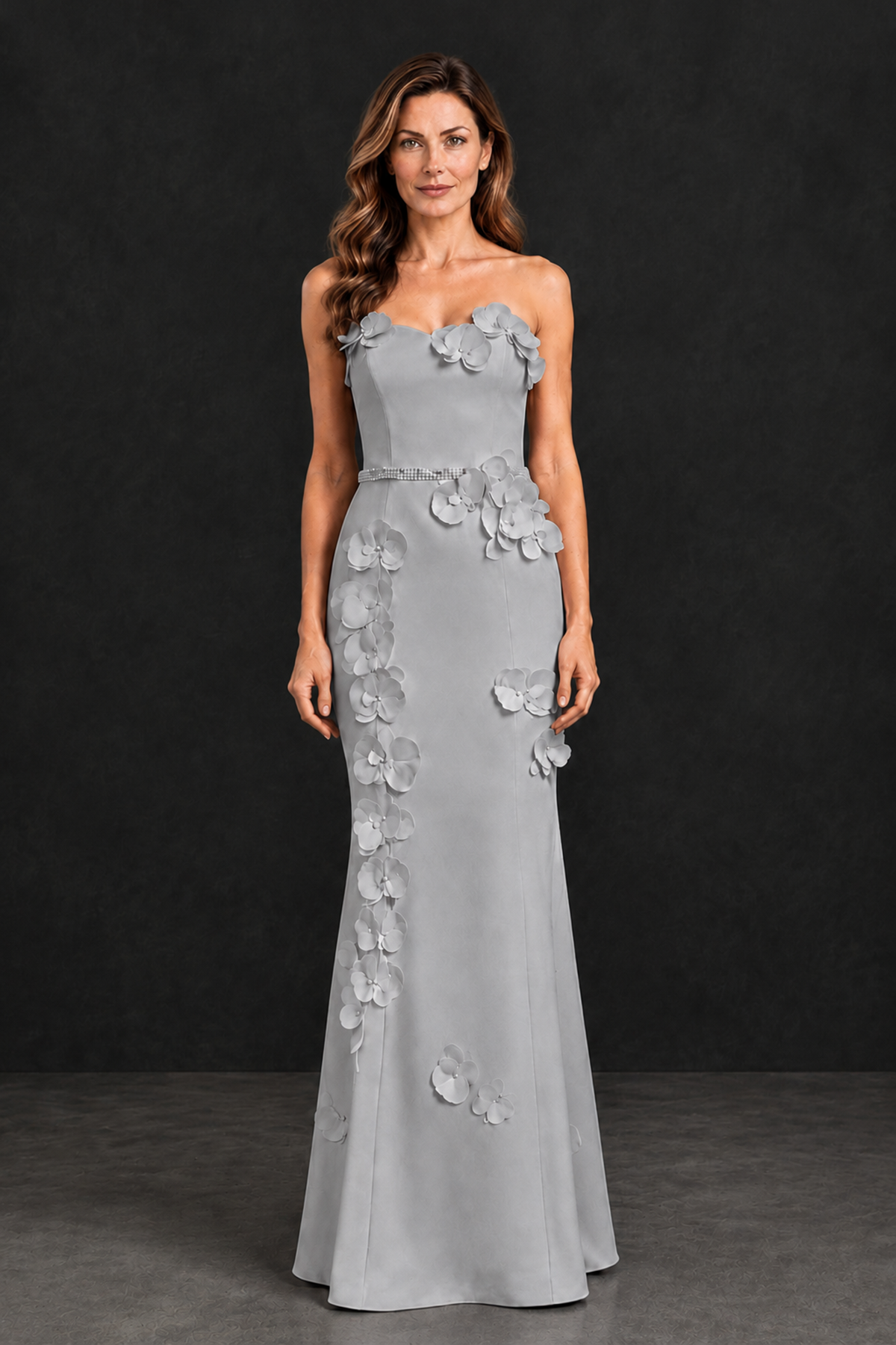 BOLODOO Silver Strapless Mother of the Bride Dress with 3D Floral Appliques - Silver - Silver_4