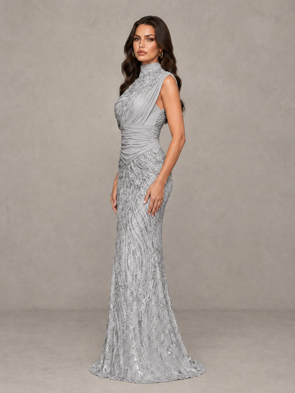 BOLODOO Silver High Neck Draped Sequin Mermaid Evening Gown - Silver - Silver_4
