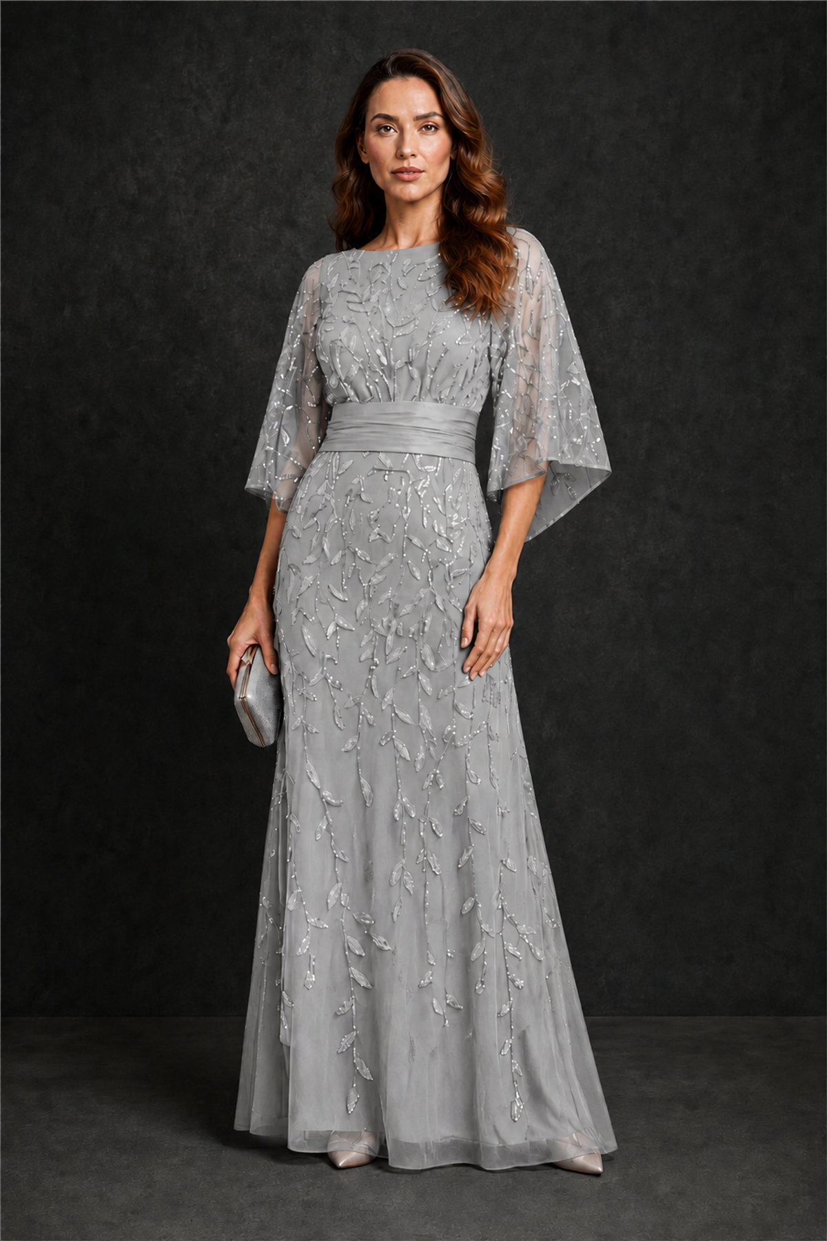BOLODOO Silver Bateau Neck Bell Sleeve Sequin Embroidered Satin Waist A-Line Maxi Dress - Silver - Silver_4