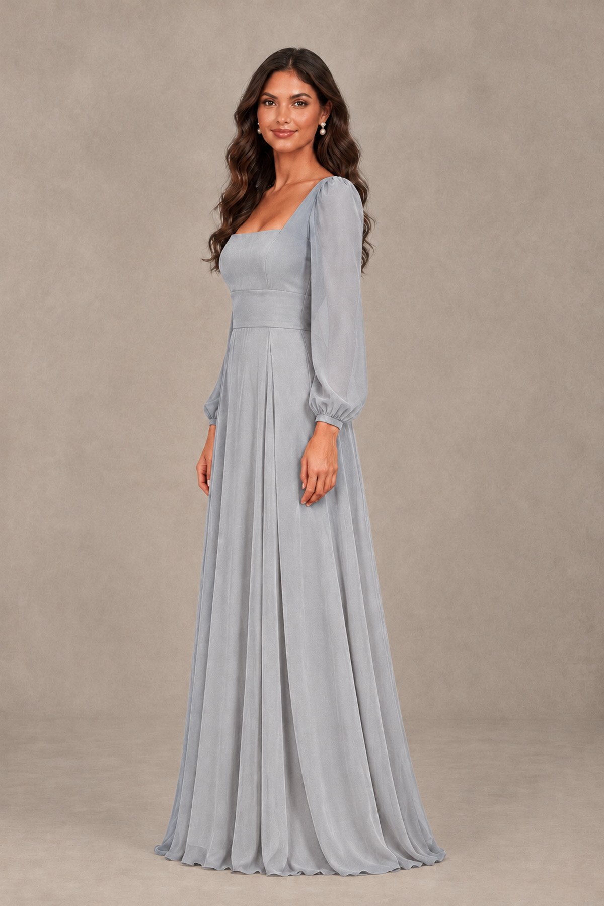 BOLODOO Silver Square Neck Long Sleeve A-Line Bridesmaid Dress - Silver - Silver_4