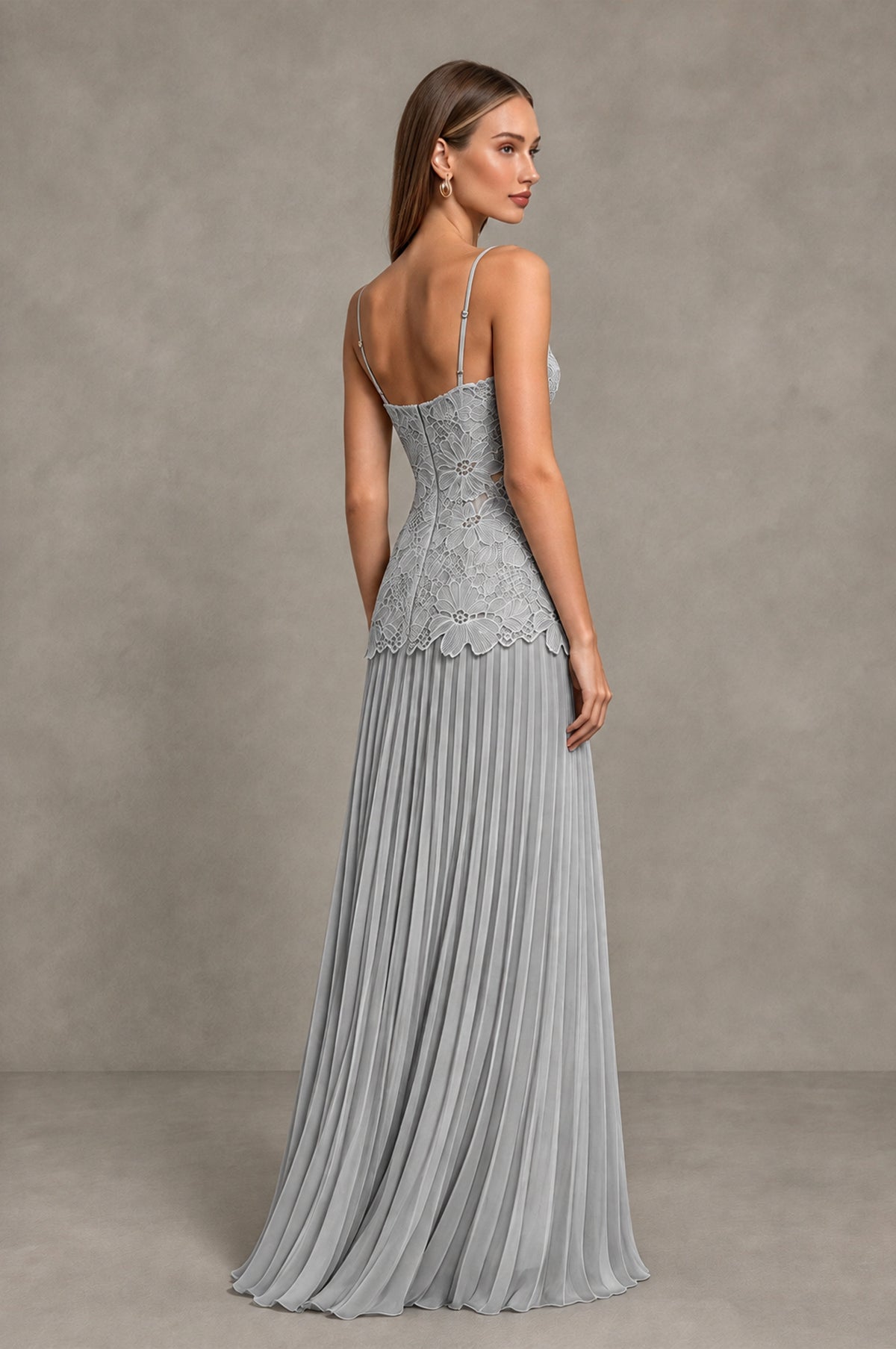 BOLODOO Silver Lace Bodice Pleated Wedding Guest Dress - Silver - Silver_4
