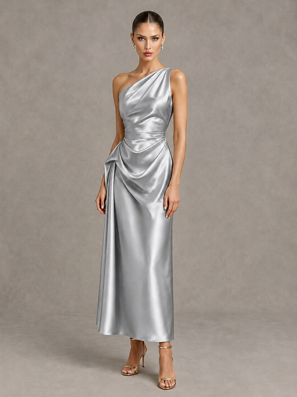 BOLODOO Silver One Shoulder Satin Cocktail Dress with Draped A-Line Skirt - Silver - Silver_4