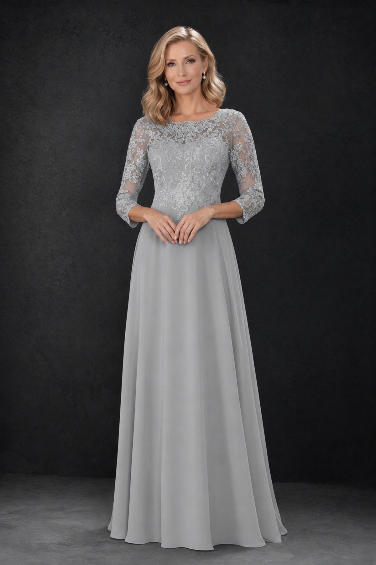 BOLODOO Silver Lace Embroidered Mother of the Bride Dress with 3/4 Sleeves - Silver