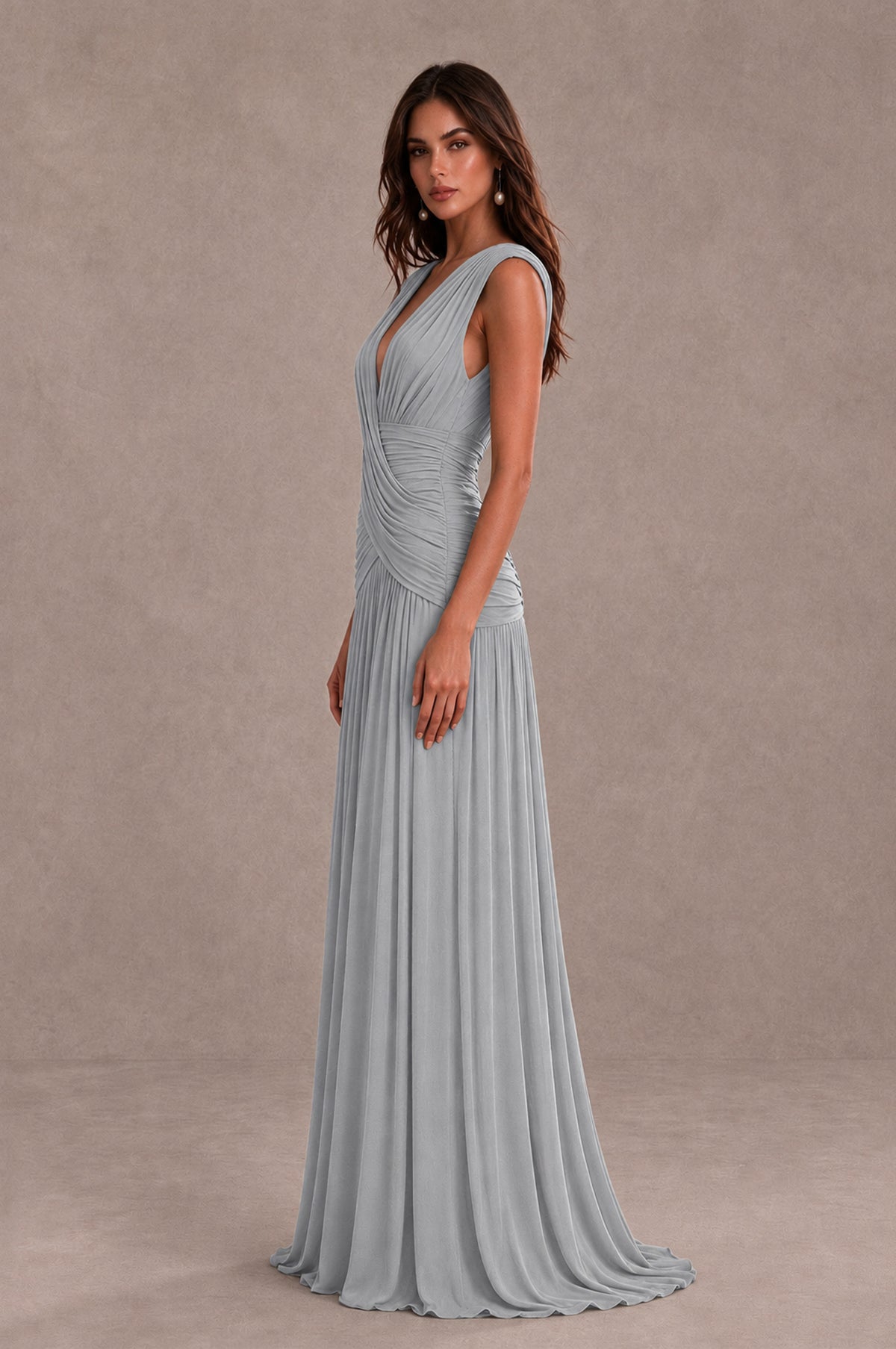 BOLODOO Silver V-Neck Ruched Wedding Guest Dress - Silver - Silver_4