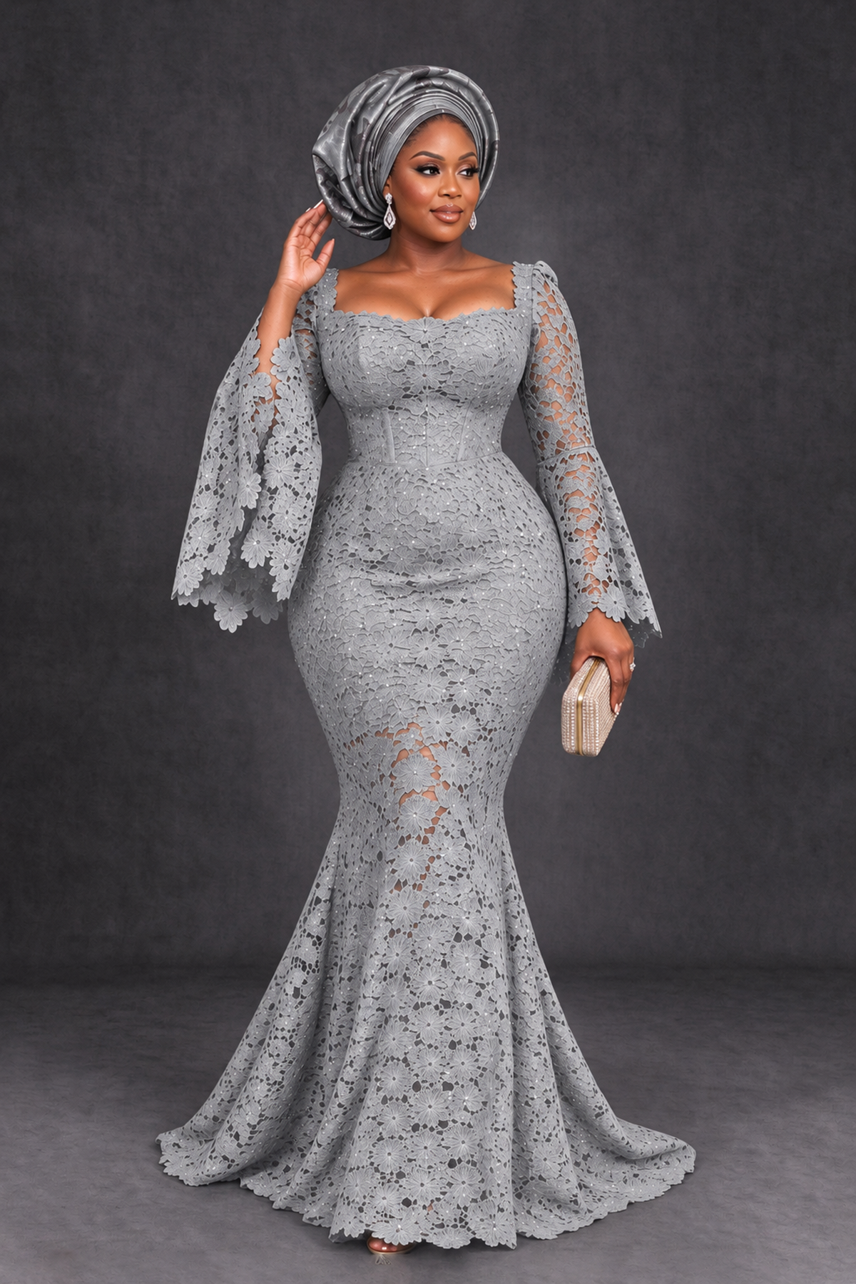 BOLODOO Silver African Lace Mermaid Dress, Plus Size Nigerian Wedding Guest Gown with Bell Sleeves - Silver - Silver_4