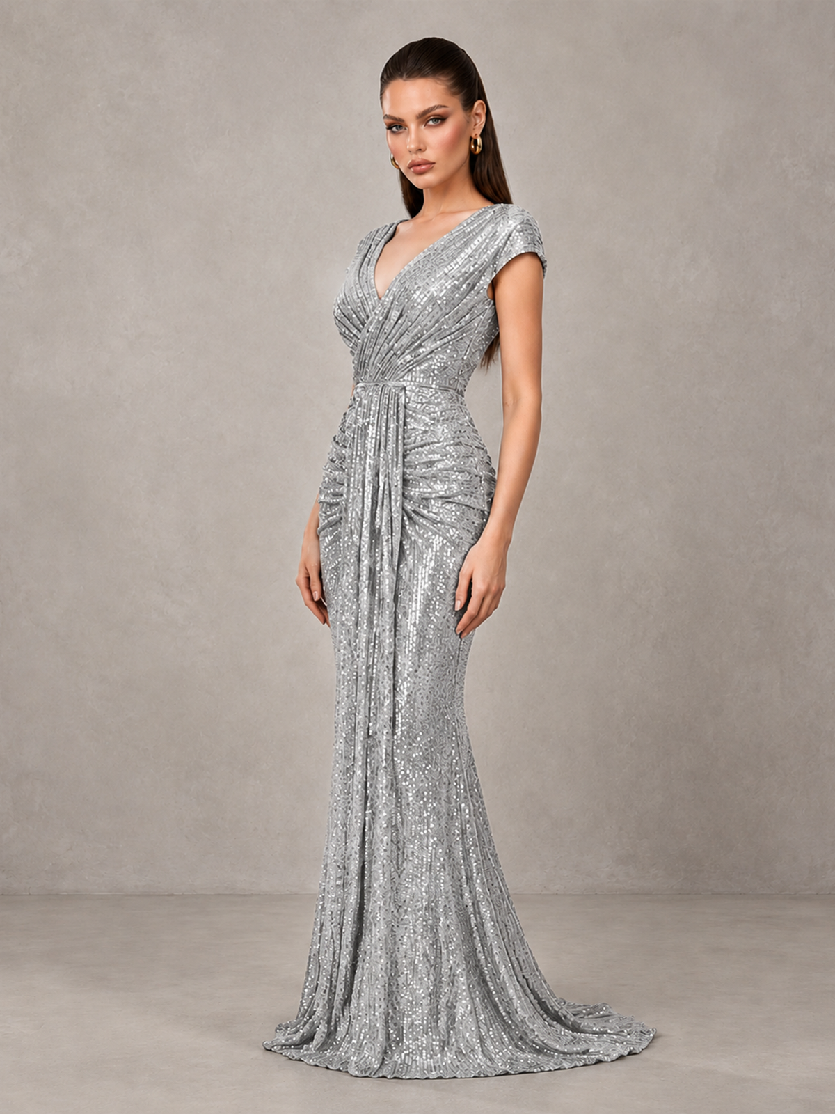 BOLODOO Silver Glitter V-Neck Cap Sleeve Ruched Mermaid Evening Gown - Silver - Silver_4